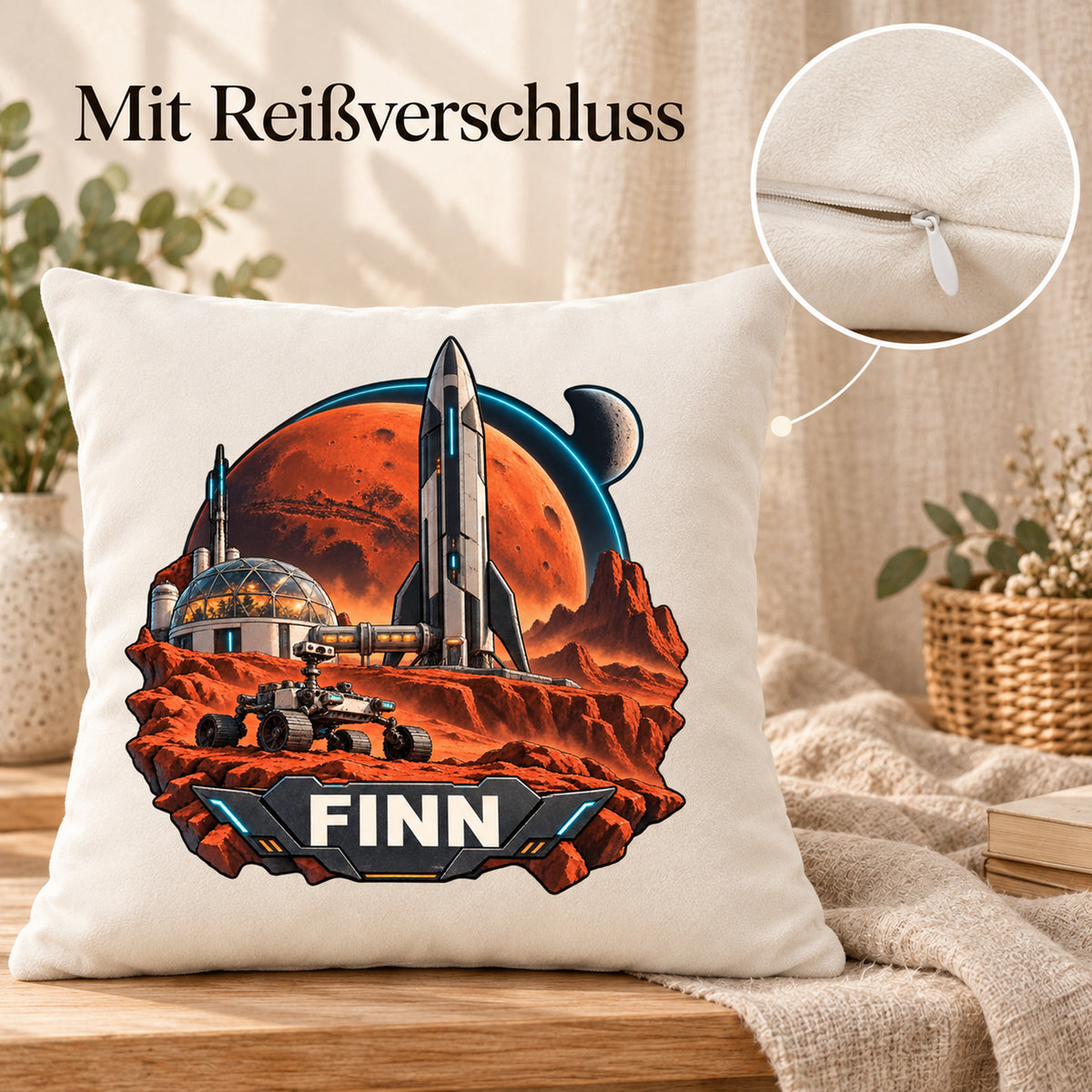 Reißverschlussdetail: personalisierter Dekokissenbezug Marsbasis mit Marsbasis und Rakete und Beispielname FINN; 40 × 40 cm.