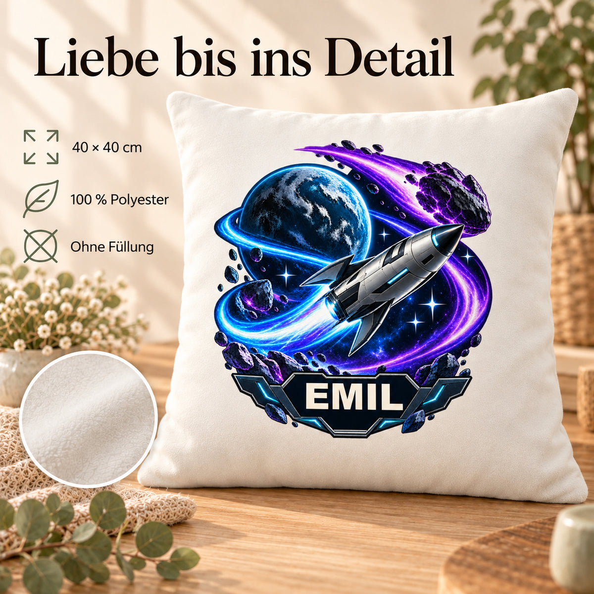 Produktdetails: personalisierter Dekokissenbezug Kometenflug mit Rakete und Komet und Beispielname EMIL; 40 × 40 cm.