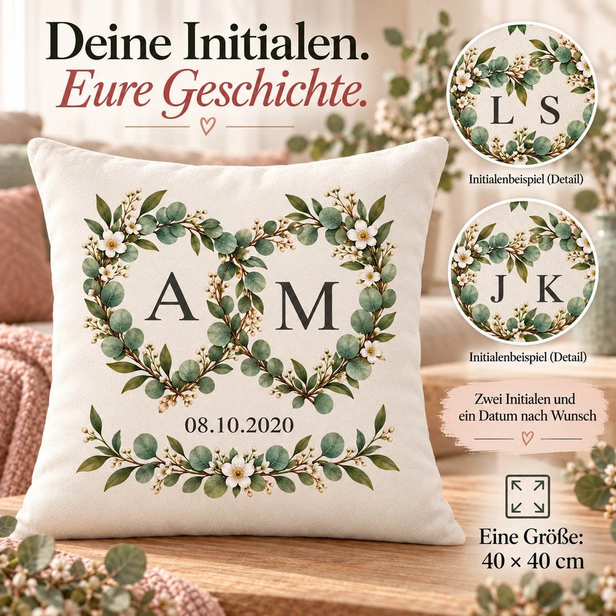 Eukalyptusverbunden: personalisierter Kissenbezug mit Paarinitialen A und M und Beispieldatum 08.10.2020 – Personalisierung