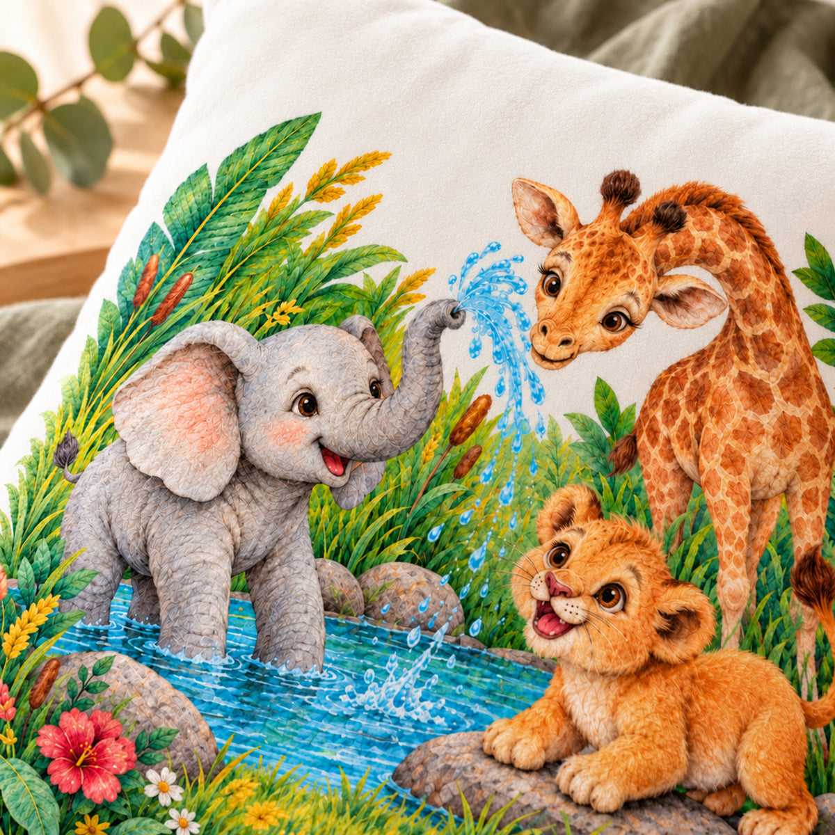 Abenteuer am Wasserloch: Motiv-Nahaufnahme des personalisierten Safari-Kissenbezugs mit Beispielname Mila.