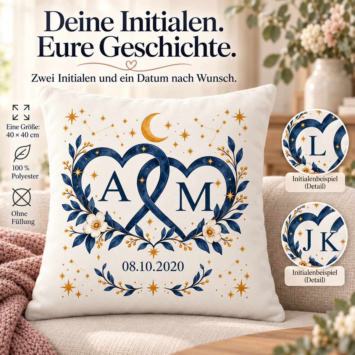 Sternenherzen: personalisierter Kissenbezug mit Paarinitialen A und M und Beispieldatum 08.10.2020 – Personalisierung