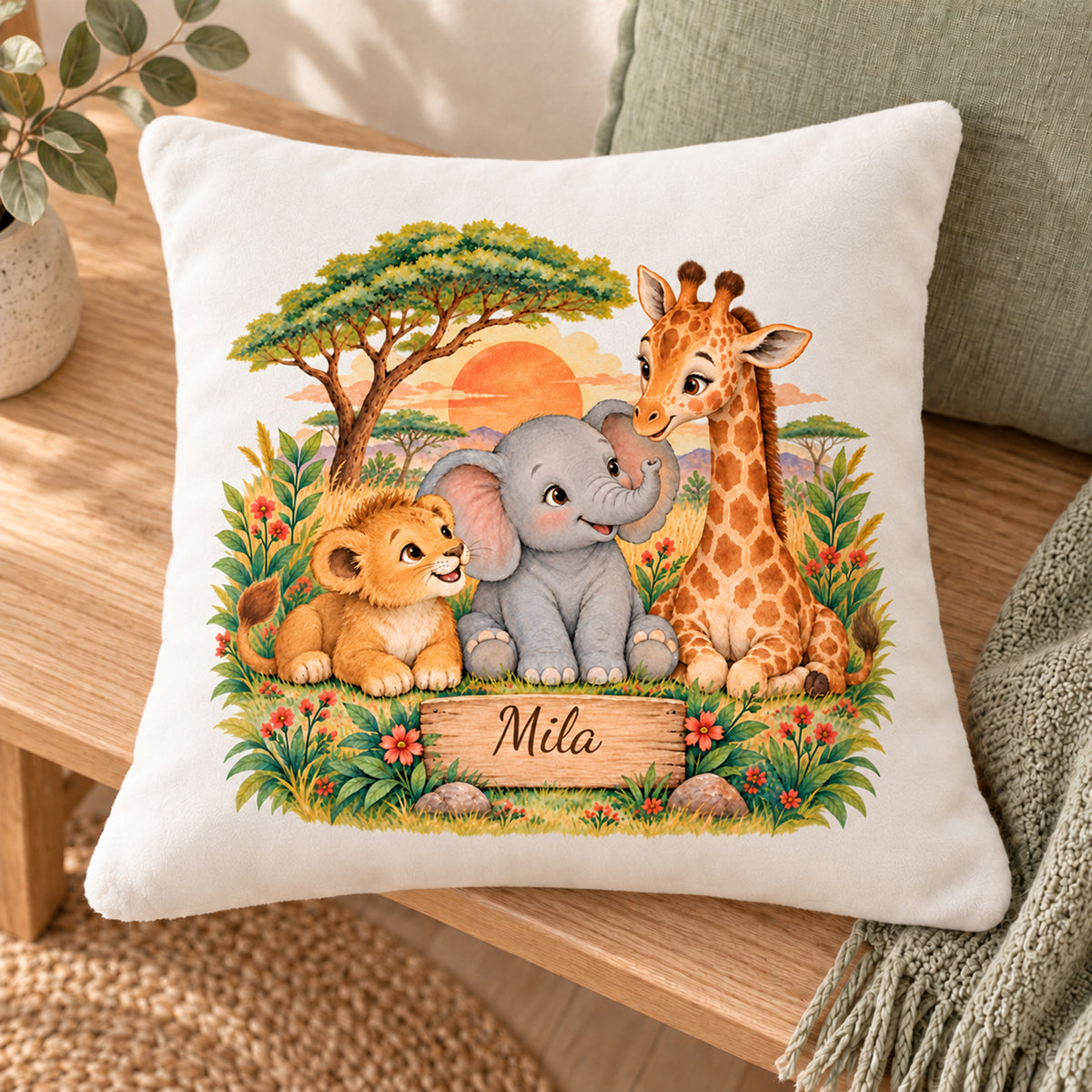 Safari im Abendlicht: Frontansicht von oben des personalisierten Safari-Kissenbezugs mit Beispielname Mila.