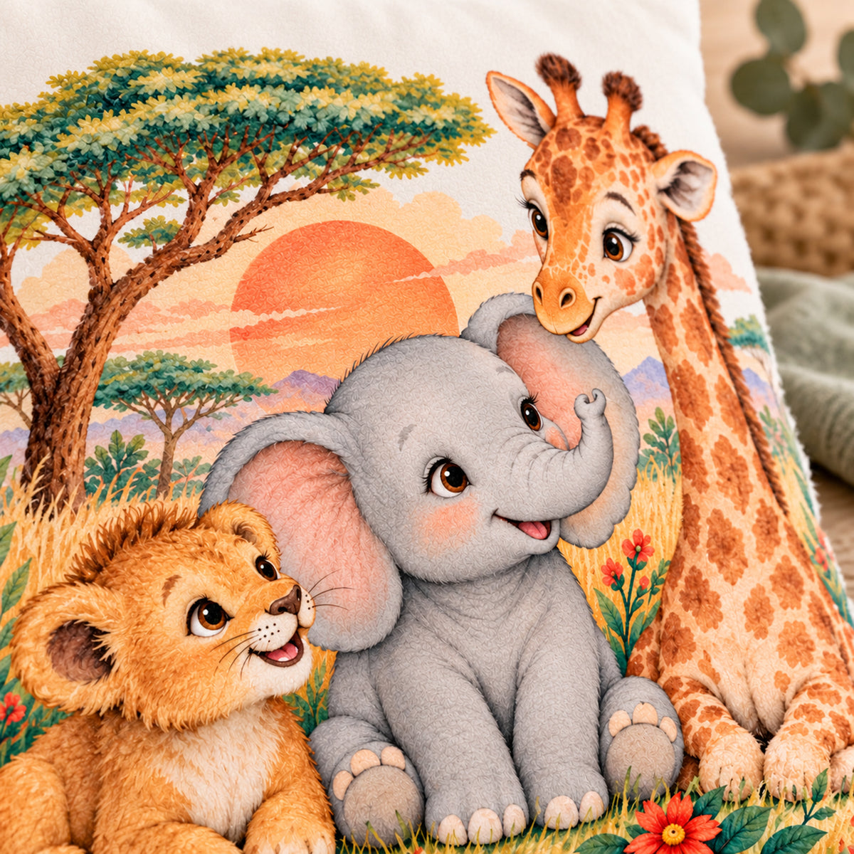Safari im Abendlicht: Motiv-Nahaufnahme des personalisierten Safari-Kissenbezugs mit Beispielname Mila.