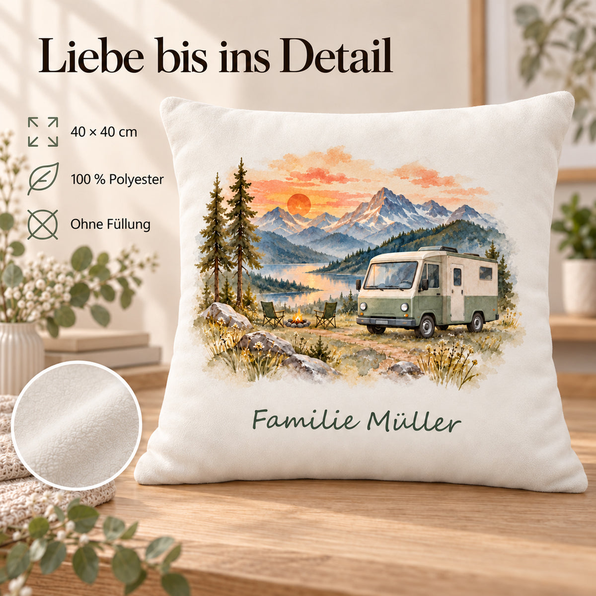 Eigenschaften: personalisierter Wohnmobil-Kissenbezug Alpengluehen, 40 × 40 cm, Beispiel Familie Müller