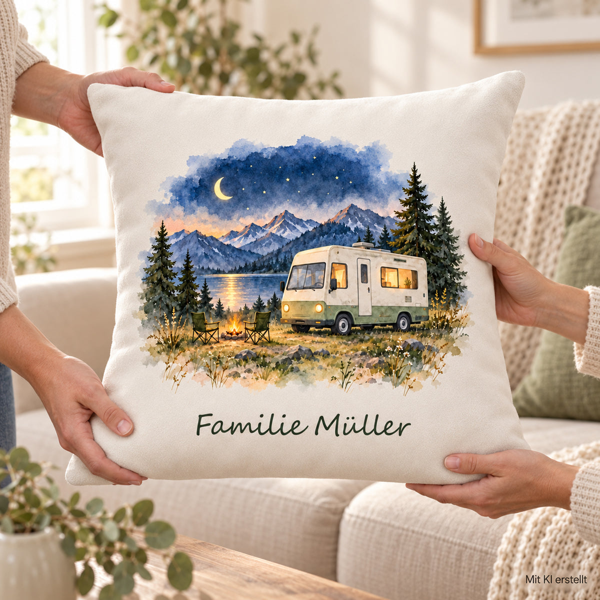 Nutzungsszene: personalisierter Wohnmobil-Kissenbezug Sternennacht, 40 × 40 cm, Beispiel Familie Müller