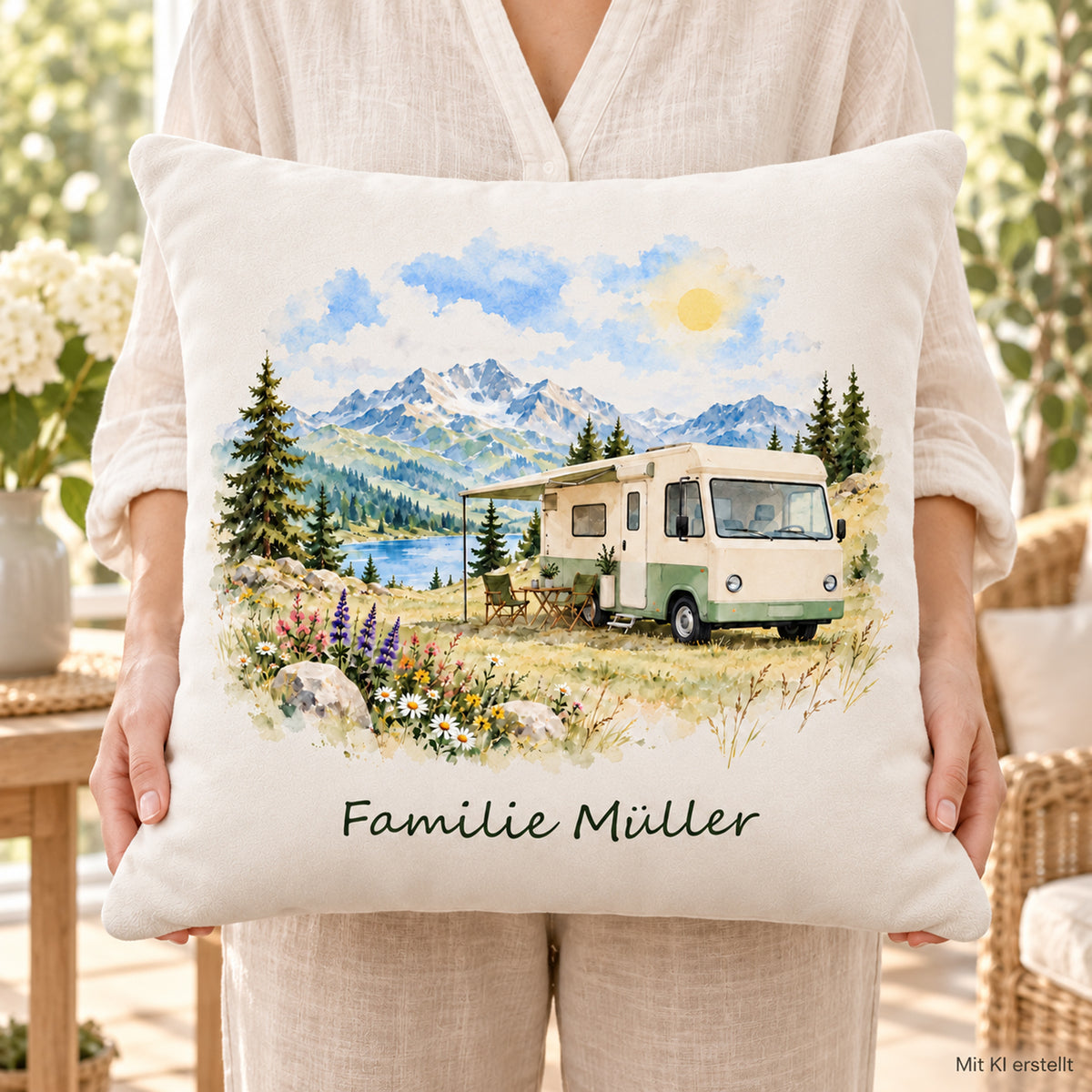 Nutzungsszene: personalisierter Wohnmobil-Kissenbezug Almwiese, 40 × 40 cm, Beispiel Familie Müller