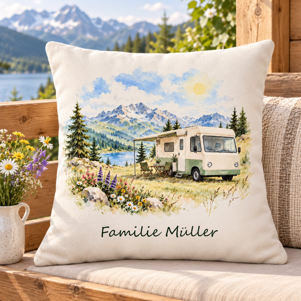 Lifestyle: personalisierter Wohnmobil-Kissenbezug Almwiese, 40 × 40 cm, Beispiel Familie Müller