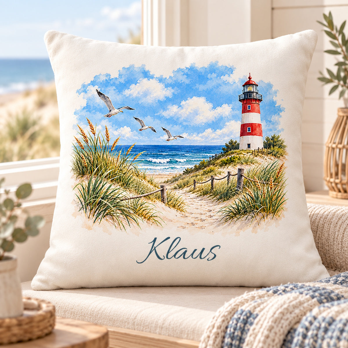 Dünenweg: Kissenbezug mit Leuchtturm und Beispielname Klaus – Wohnszene