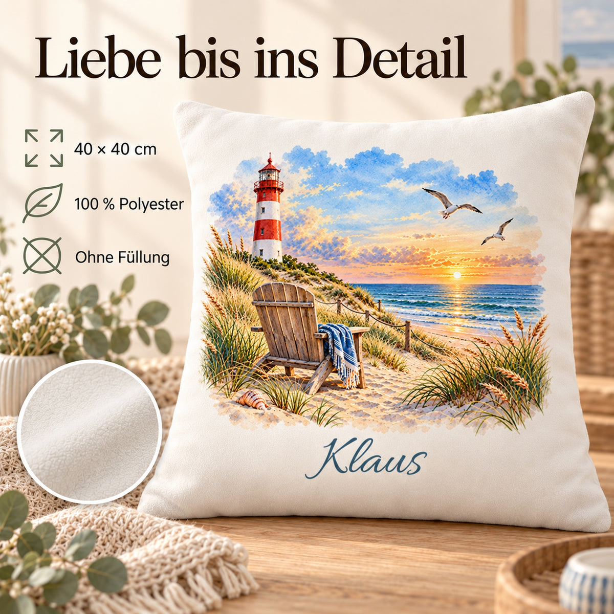 Lieblingsplatz am Meer: Kissenbezug mit Leuchtturm und Beispielname Klaus – Produktdetails