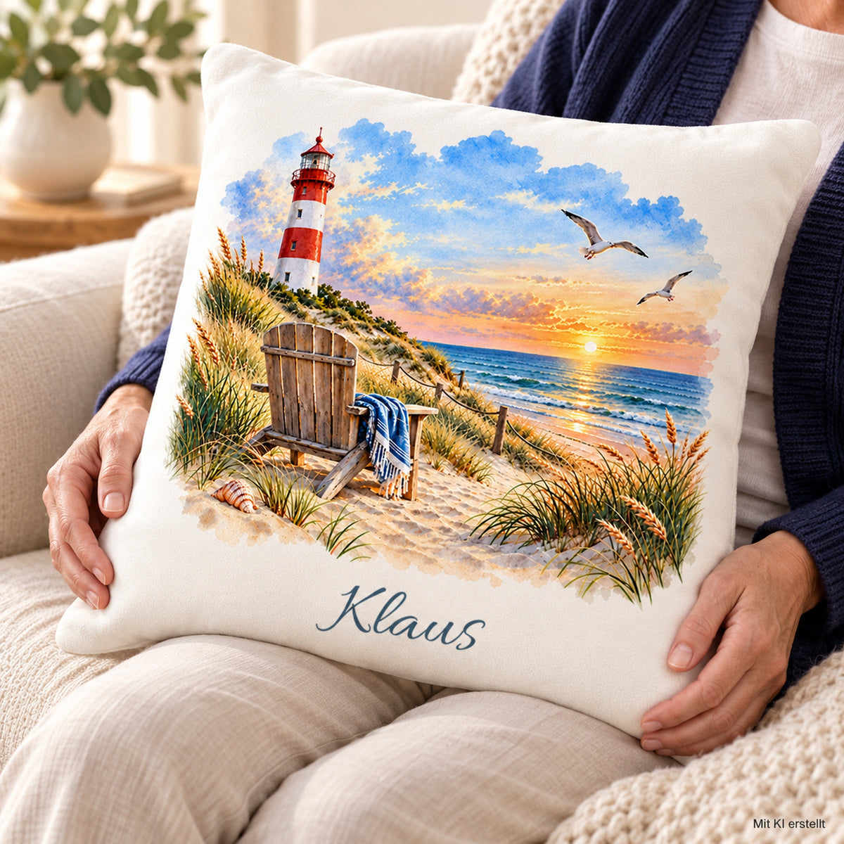 Lieblingsplatz am Meer: Kissenbezug mit Leuchtturm und Beispielname Klaus – Nutzung mit Händen