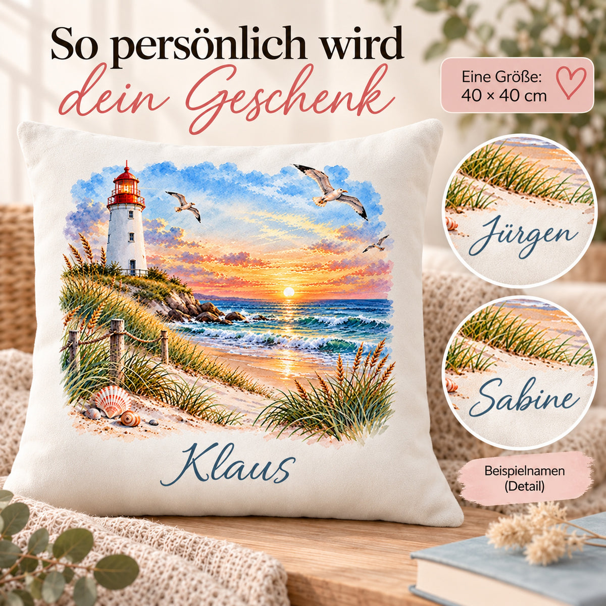 Muscheln am Strand: Kissenbezug mit Leuchtturm und Beispielname Klaus – Personalisierung