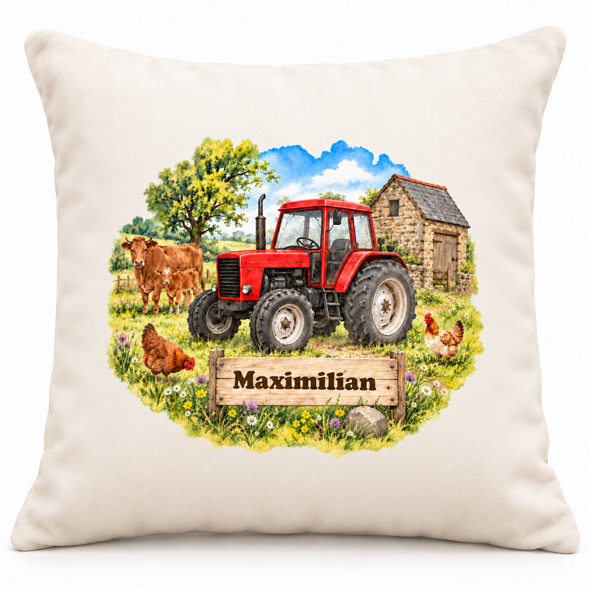 Hauptbild: personalisierter Traktor-Kissenbezug Roter Traktor mit Kühen, 40 × 40 cm, Beispiel Maximilian