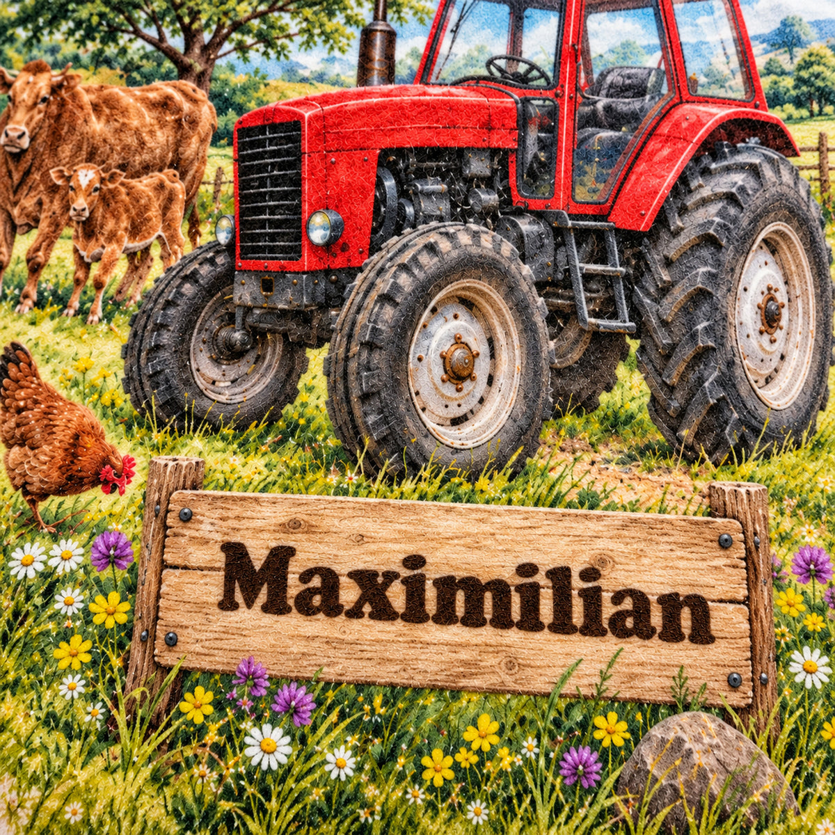 Druckdetail: personalisierter Traktor-Kissenbezug Roter Traktor mit Kühen, 40 × 40 cm, Beispiel Maximilian