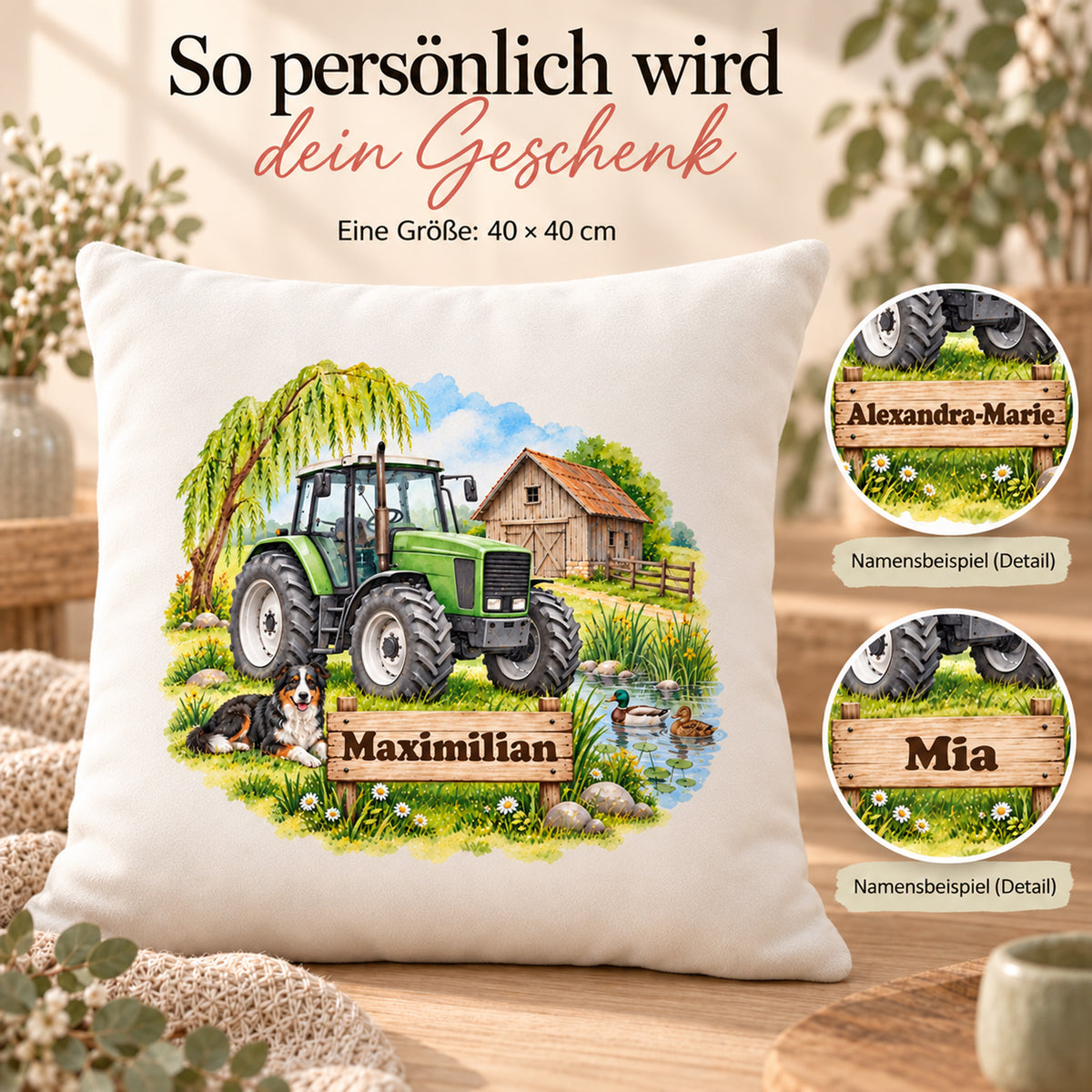 Personalisierung: personalisierter Traktor-Kissenbezug Grüner Traktor am Ententeich, 40 × 40 cm, Beispiel Maximilian