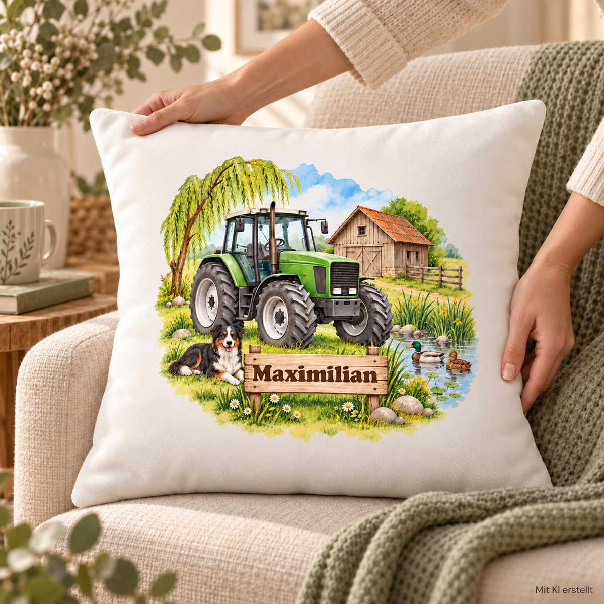 Nutzungsszene: personalisierter Traktor-Kissenbezug Grüner Traktor am Ententeich, 40 × 40 cm, Beispiel Maximilian