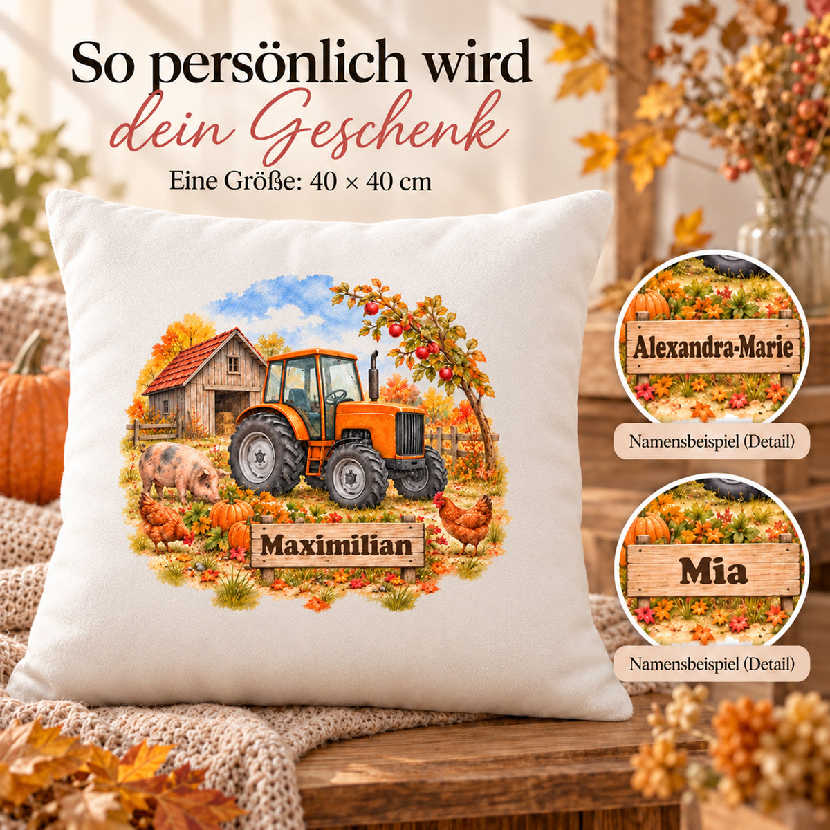 Personalisierung: personalisierter Traktor-Kissenbezug Oranger Traktor zur Herbsternte, 40 × 40 cm, Beispiel Maximilian