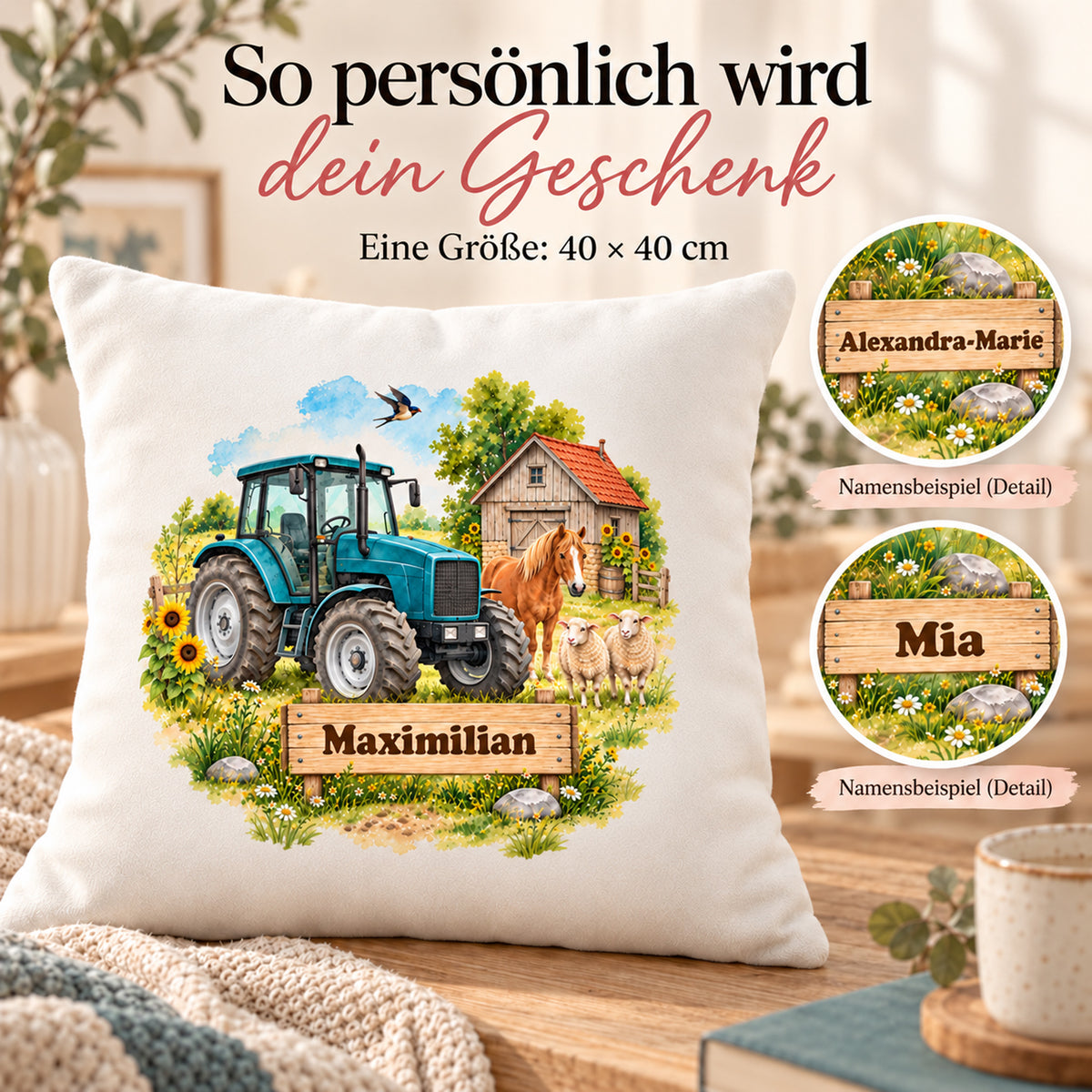 Personalisierung: personalisierter Traktor-Kissenbezug Türkiser Traktor mit Pony, 40 × 40 cm, Beispiel Maximilian