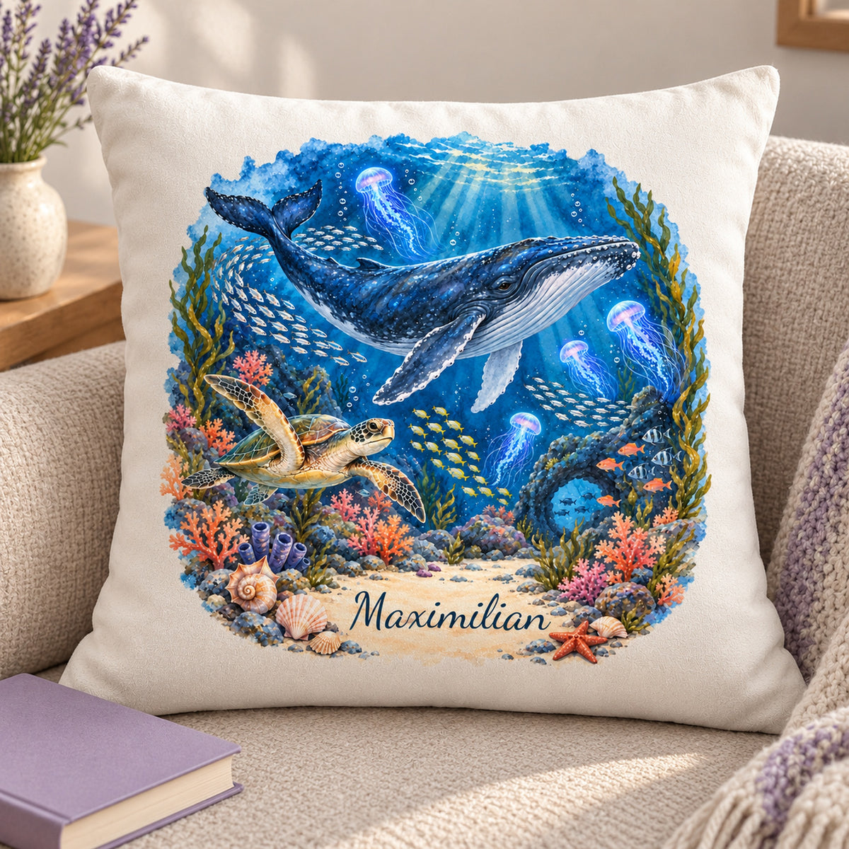 Personalisierte Kissenhülle mit Unterwasserwelt aus Wal und Schildkröte auf einem hellen Sessel neben einem Buch
