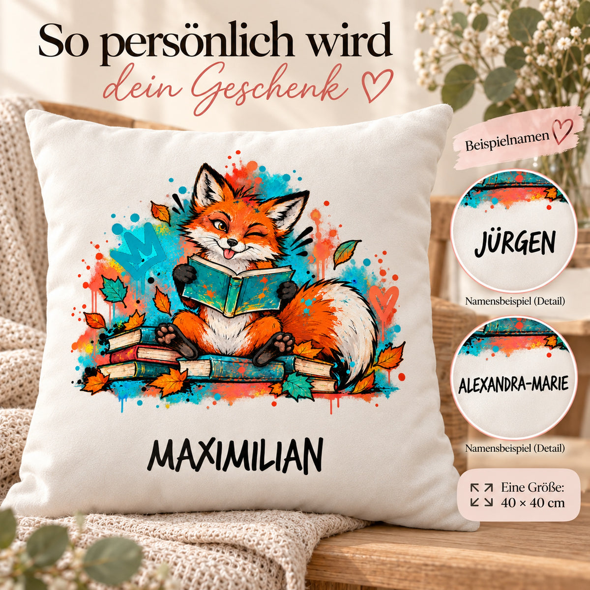 Personalisierter Bücherfuchs-Kissenbezug Augenzwinkern, 40 × 40 cm – Personalisierung mit gekennzeichneten Namensbeispielen