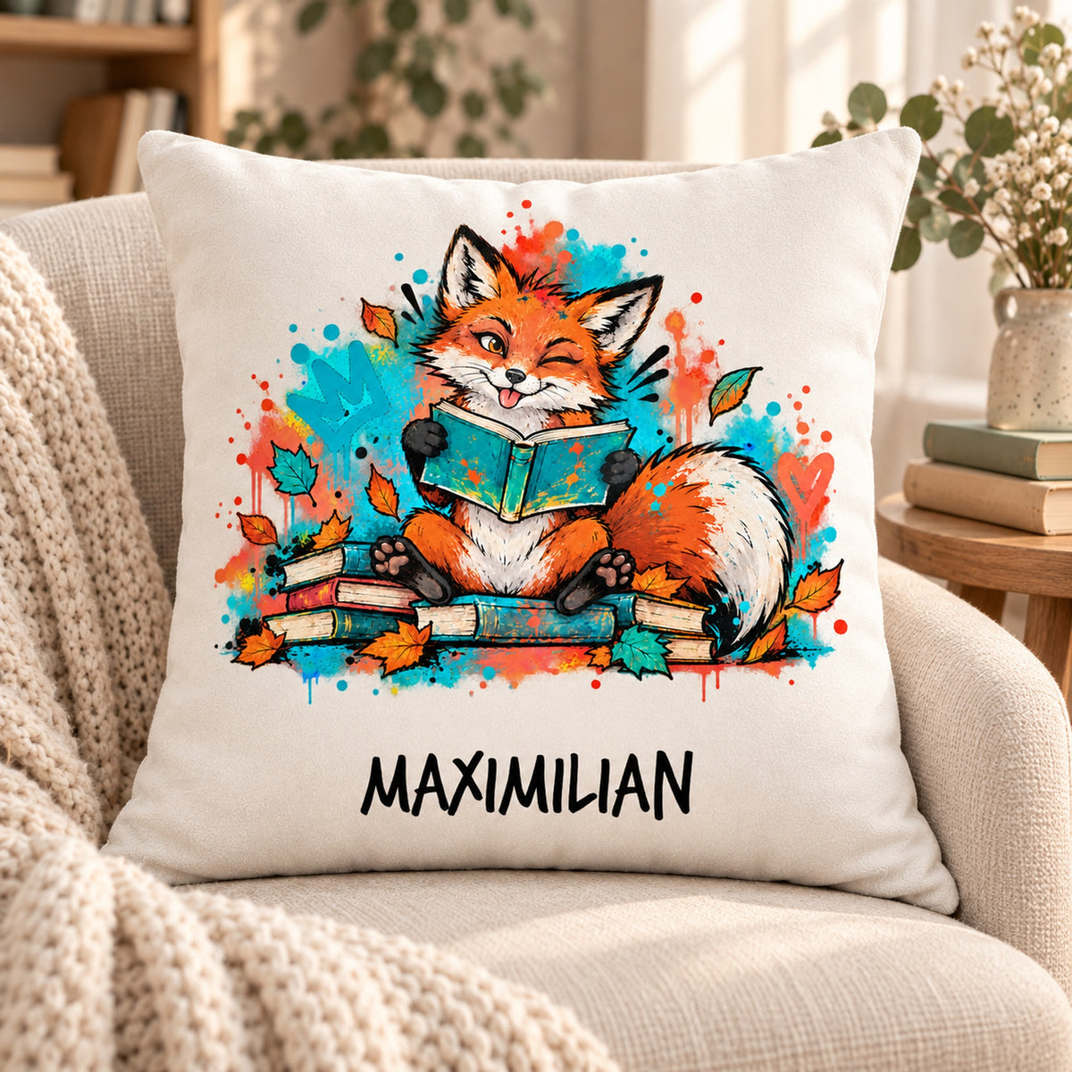 Personalisierter Bücherfuchs-Kissenbezug Augenzwinkern, 40 × 40 cm – Leseplatz mit Beispielname Maximilian