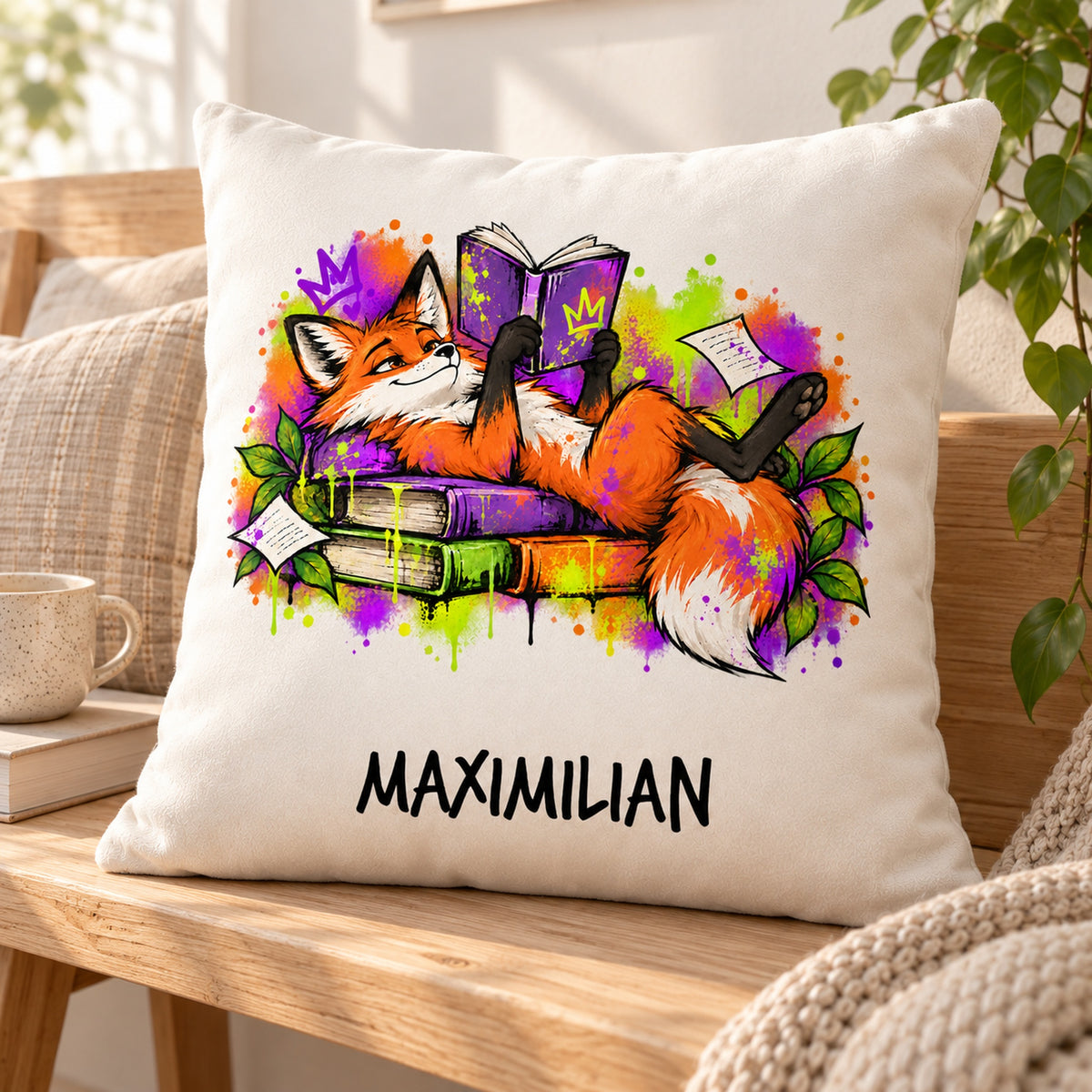 Personalisierter Bücherfuchs-Kissenbezug Lesepause, 40 × 40 cm – Schrägansicht mit Beispielname Maximilian