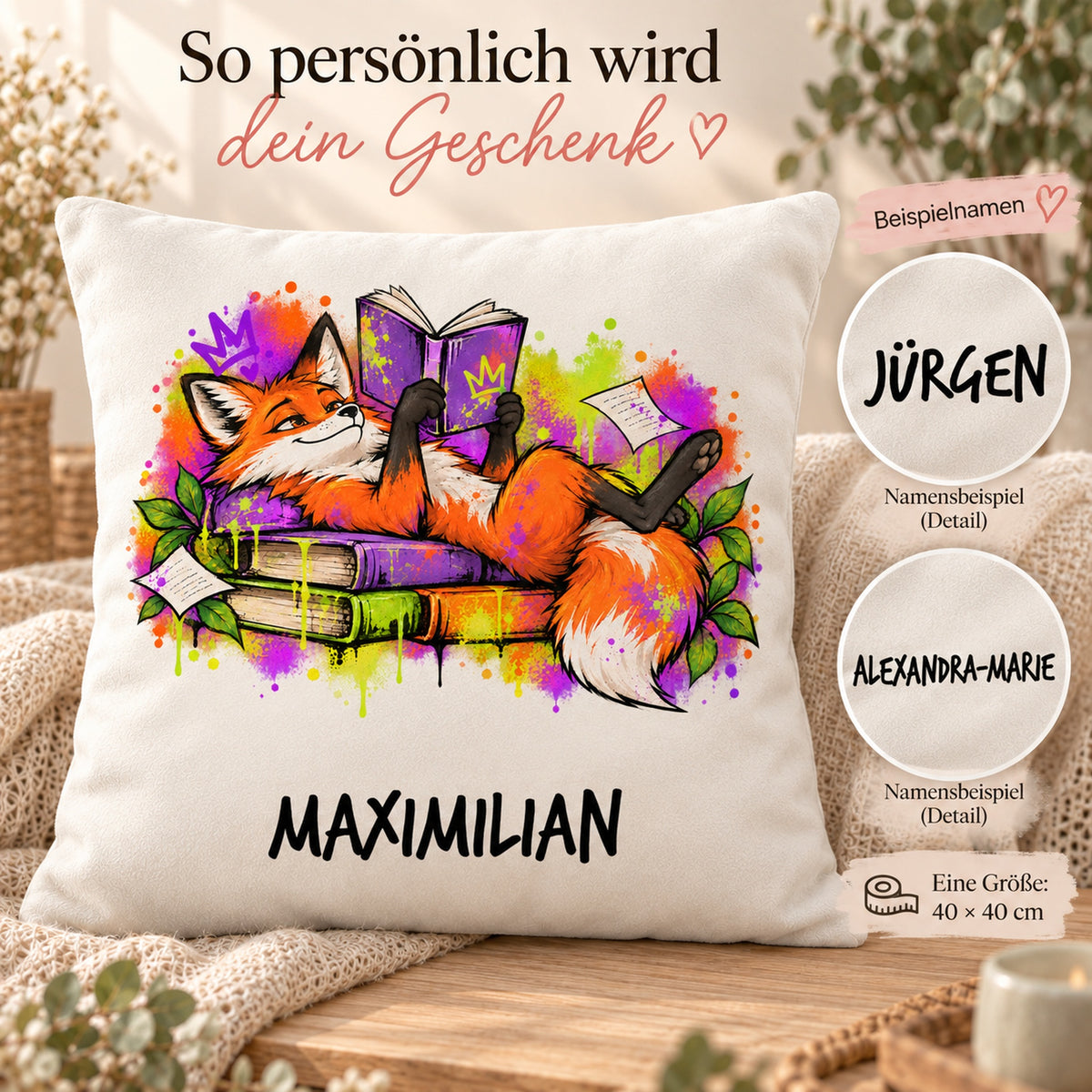 Personalisierter Bücherfuchs-Kissenbezug Lesepause, 40 × 40 cm – Personalisierung mit gekennzeichneten Namensbeispielen