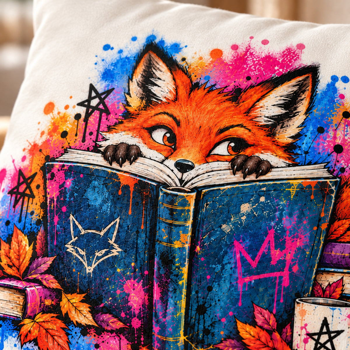 Personalisierter Bücherfuchs-Kissenbezug Neugieriger Blick, 40 × 40 cm – Druckdetail