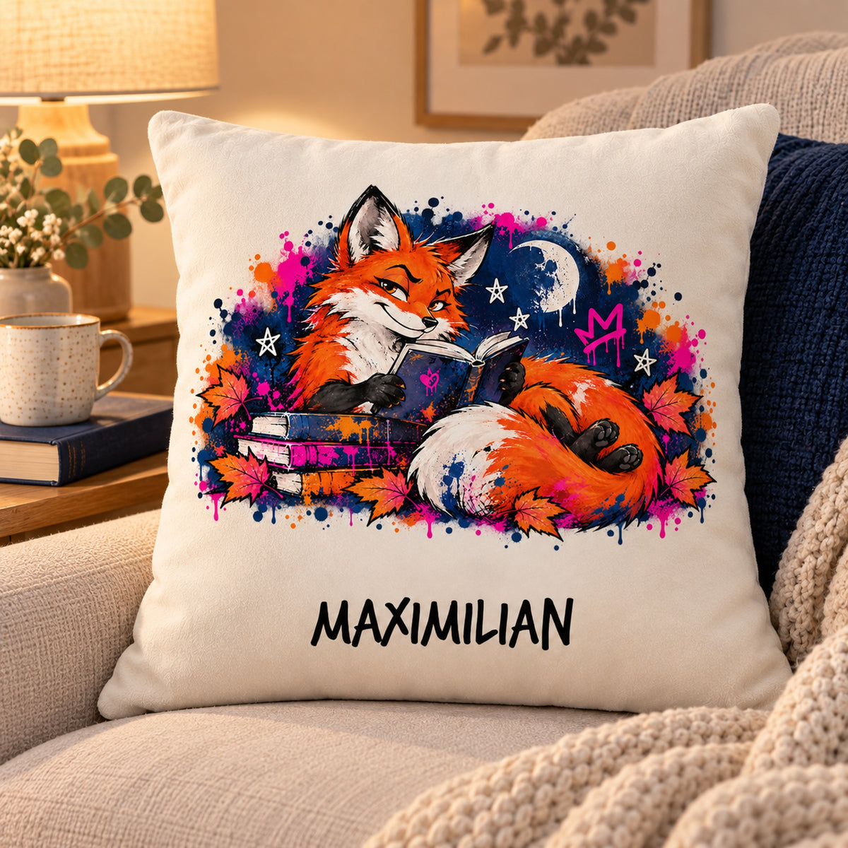 Personalisierter Bücherfuchs-Kissenbezug Nachtlektüre, 40 × 40 cm – Leseplatz mit Beispielname Maximilian
