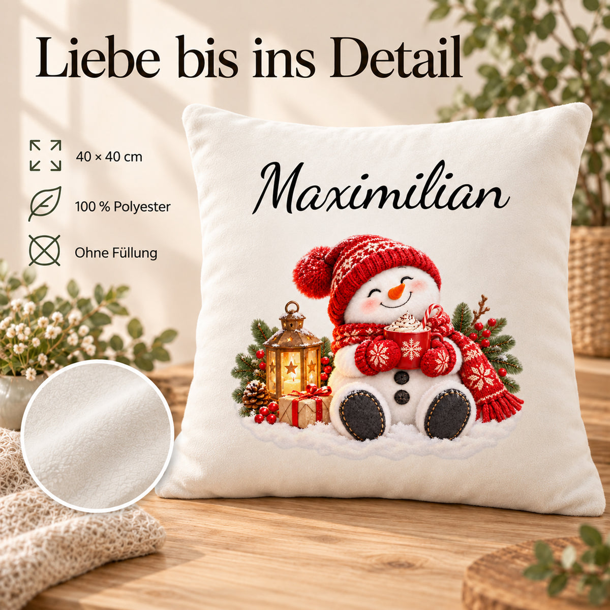 Schneemann-Kissenbezug Kakao-Auszeit, Bild 4, mit Beispielname Maximilian, 40 × 40 cm