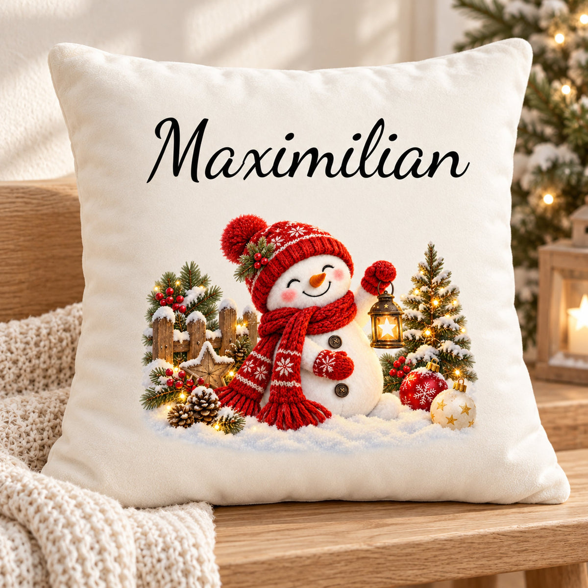 Schneemann-Kissenbezug Laternenzauber, Bild 3, mit Beispielname Maximilian