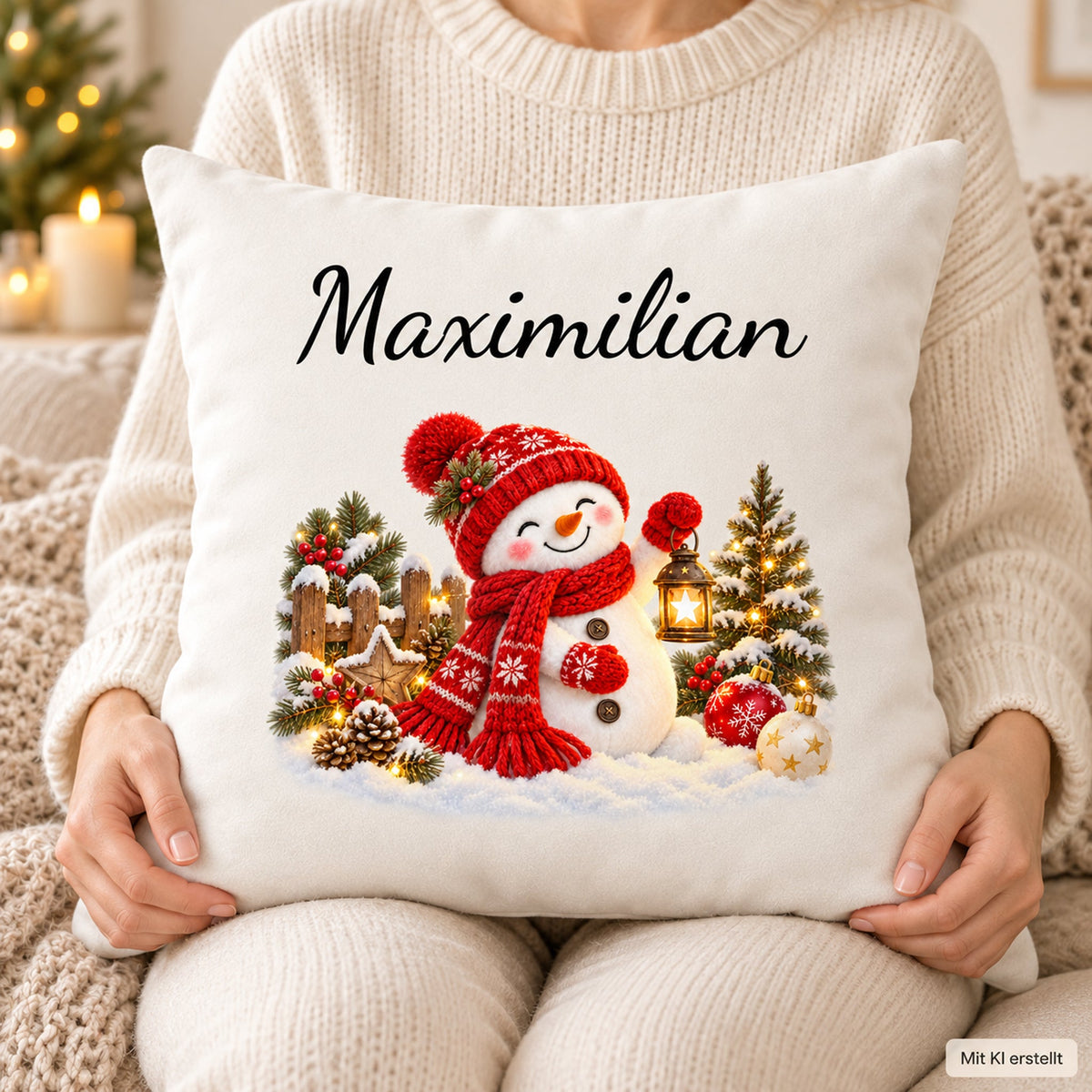Schneemann-Kissenbezug Laternenzauber, Bild 7, mit Beispielname Maximilian