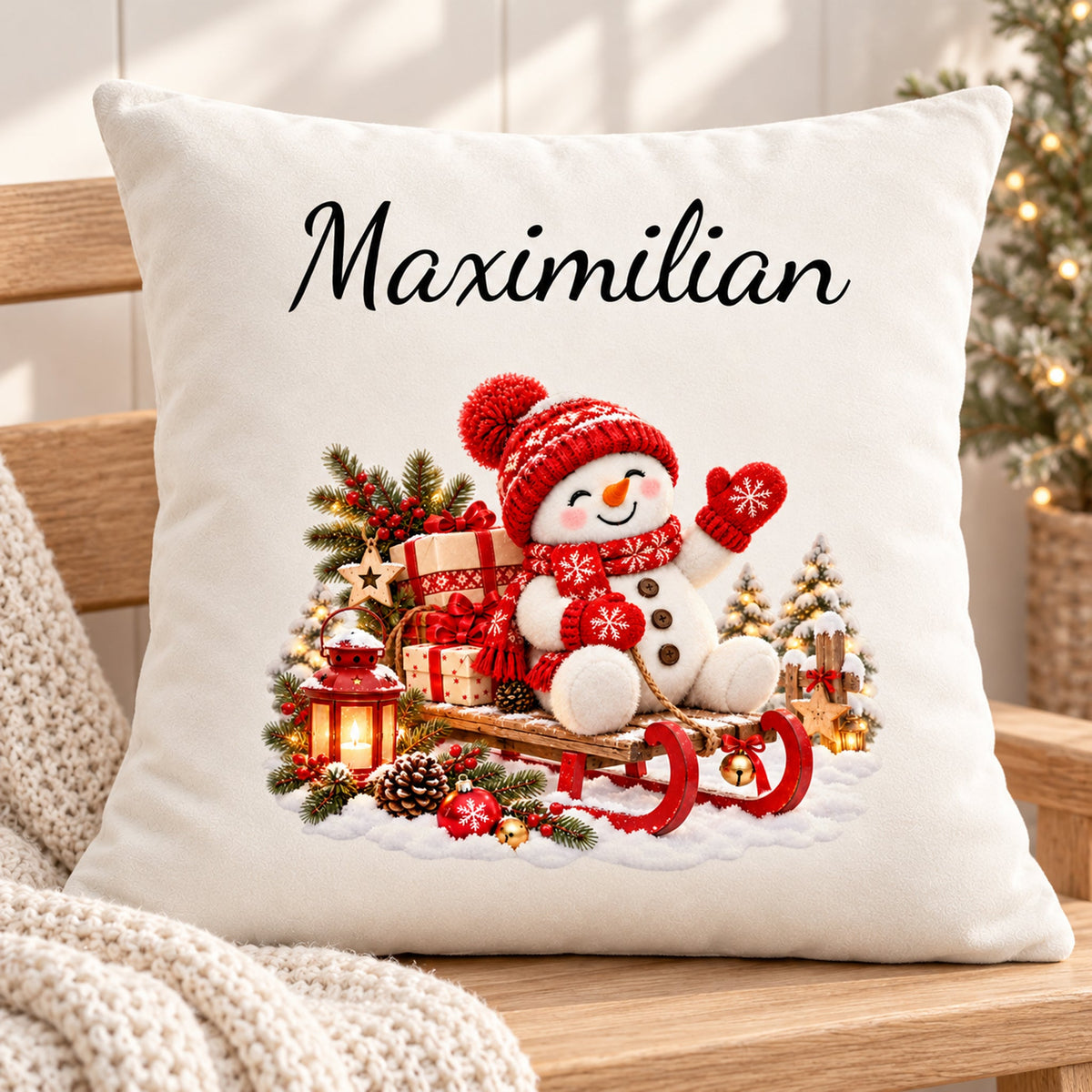 Schneemann-Kissenbezug Schlittenfahrt, Bild 3, mit Beispielname Maximilian