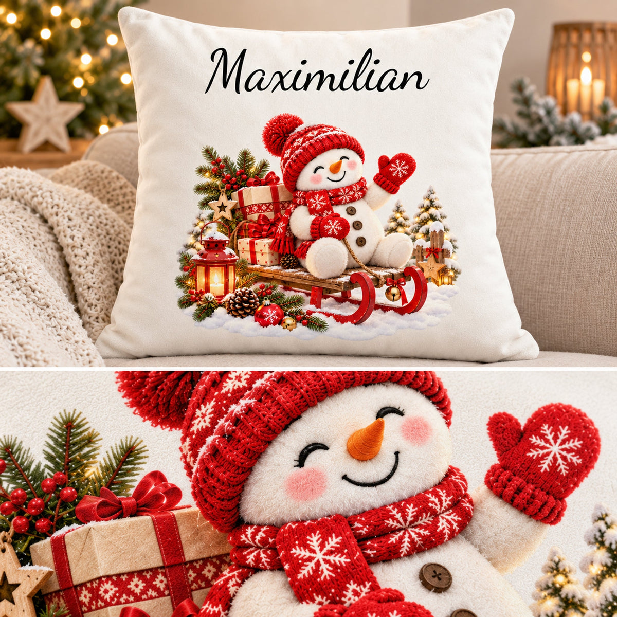 Schneemann-Kissenbezug Schlittenfahrt, Bild 6, mit Beispielname Maximilian