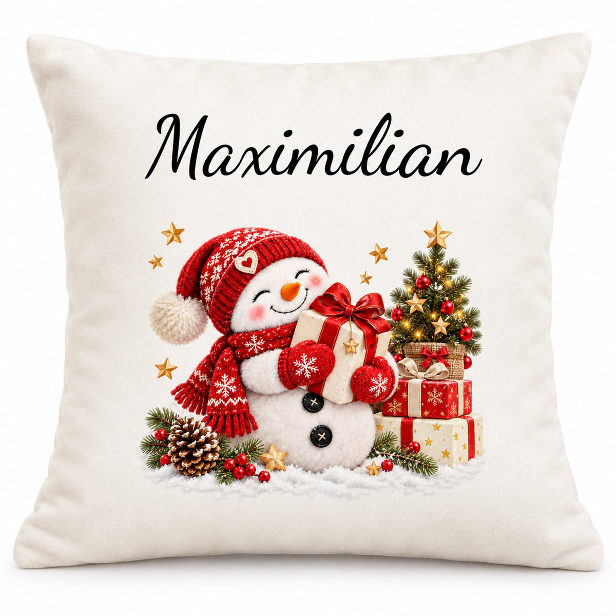 Schneemann-Kissenbezug Geschenkfreude, Bild 1, mit Beispielname Maximilian