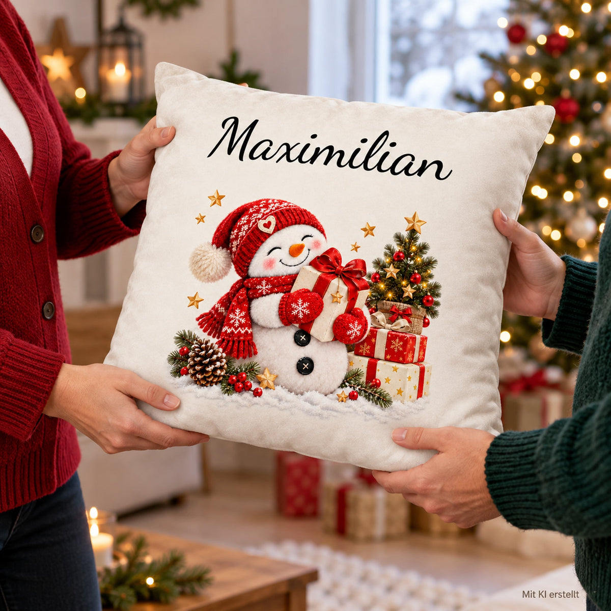 Schneemann-Kissenbezug Geschenkfreude, Bild 7, mit Beispielname Maximilian
