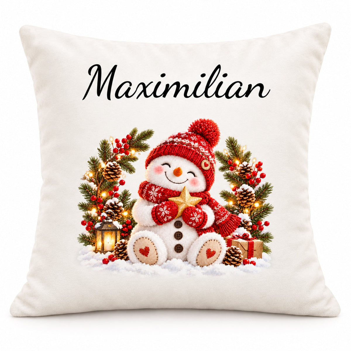 Schneemann-Kissenbezug Winterkranz, Bild 1, mit Beispielname Maximilian