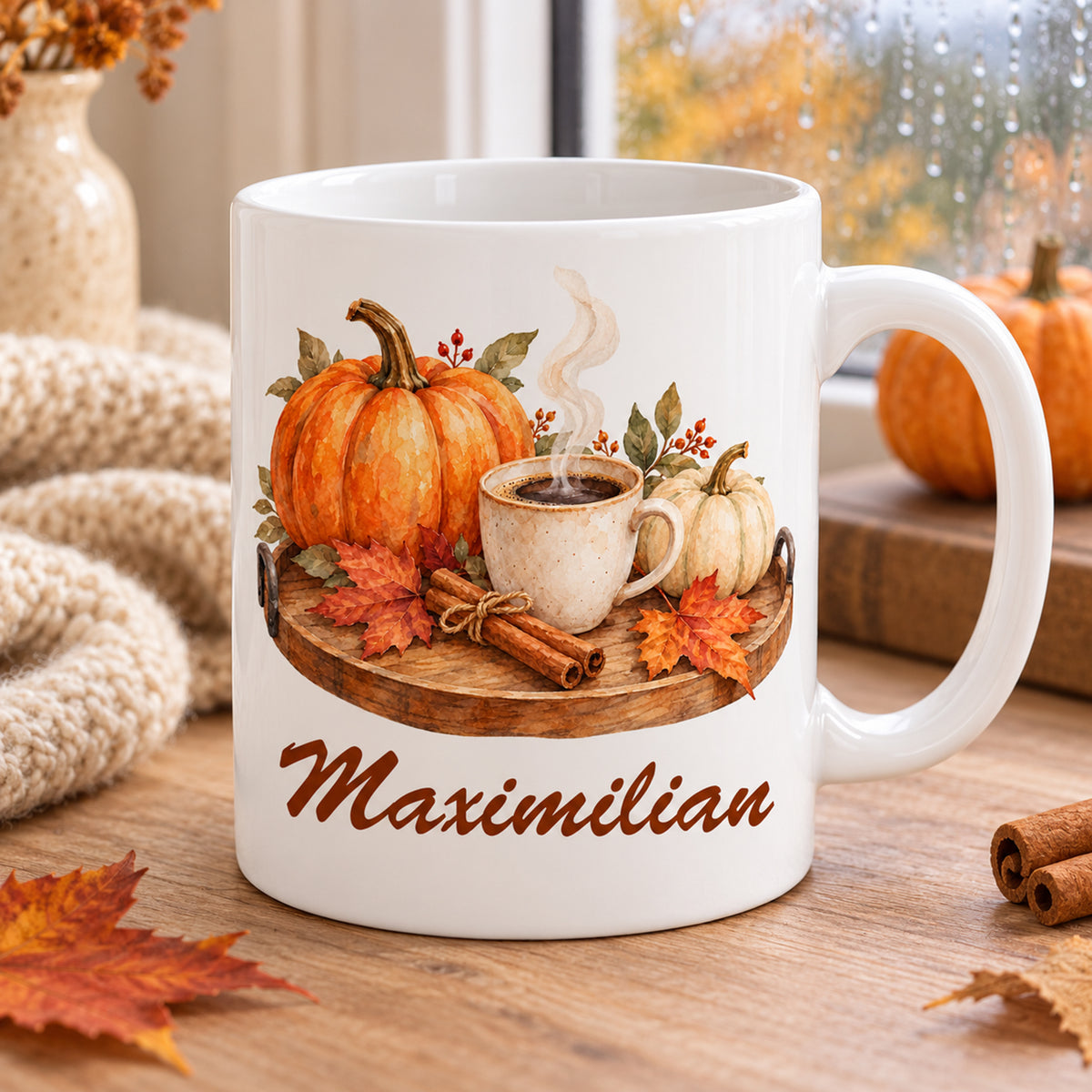 Herbstliche Kaffeepause: weiße personalisierte Herbst-Tasse mit Motiv Kürbiskaffee am Morgen und Beispielname Maximilian