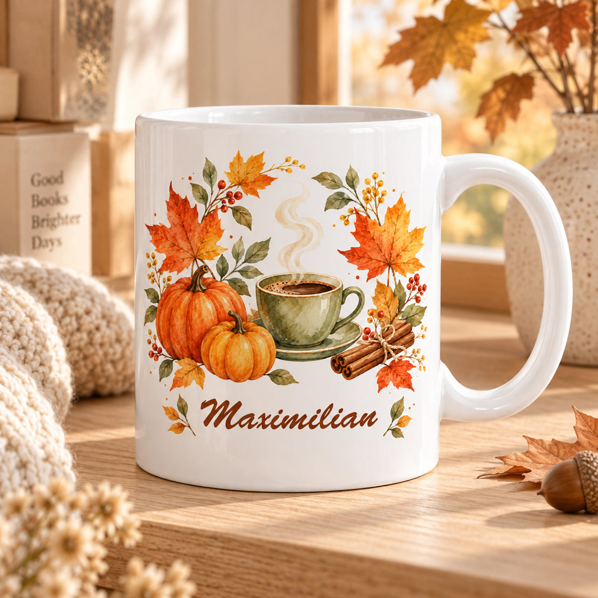 Herbstliche Kaffeepause: weiße personalisierte Herbst-Tasse mit Motiv Herbstkranz zur Kaffeepause und Beispielname Maximilian