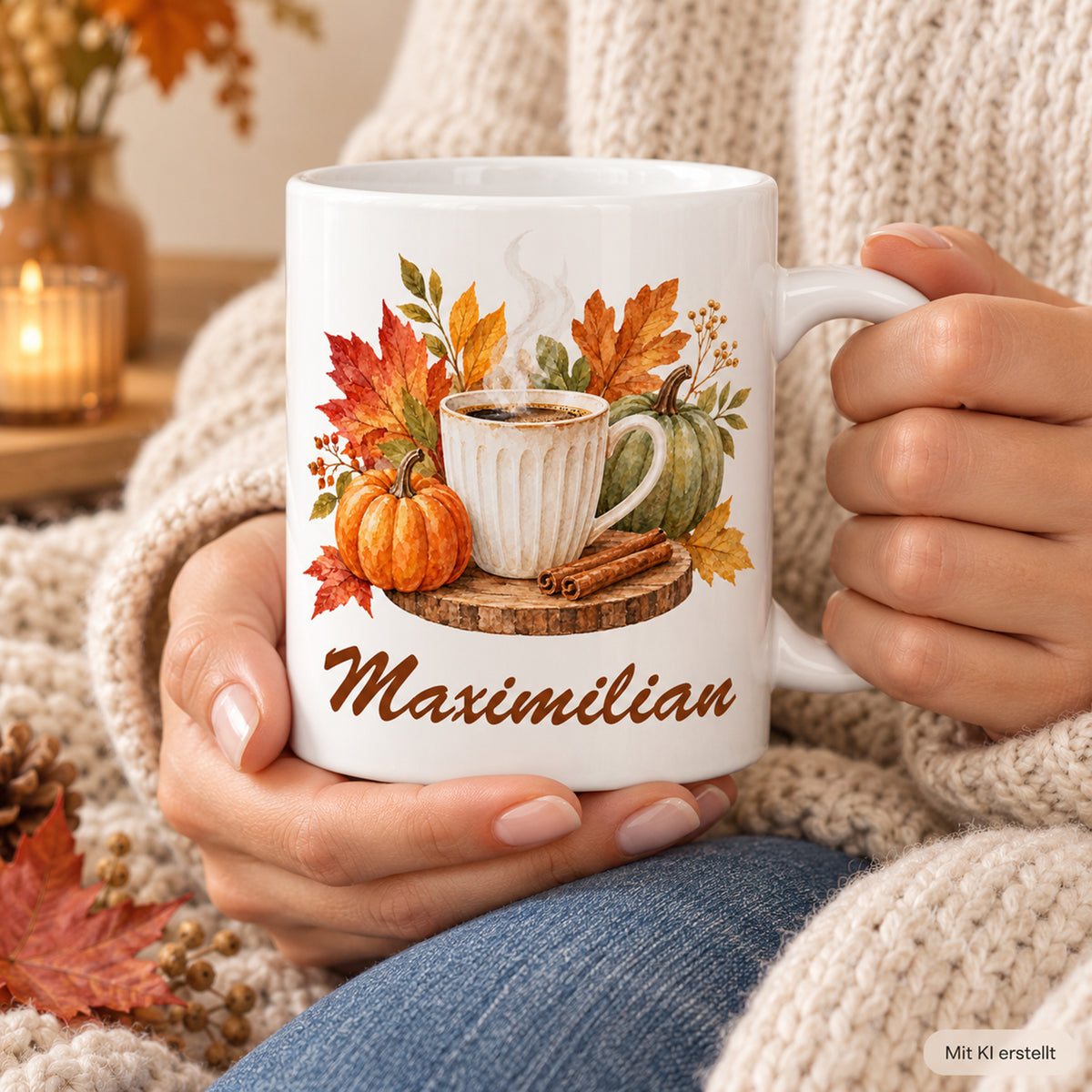 Nutzung mit Händen: weiße personalisierte Herbst-Tasse mit Motiv Blätterzauber und Kaffeedampf und Beispielname Maximilian