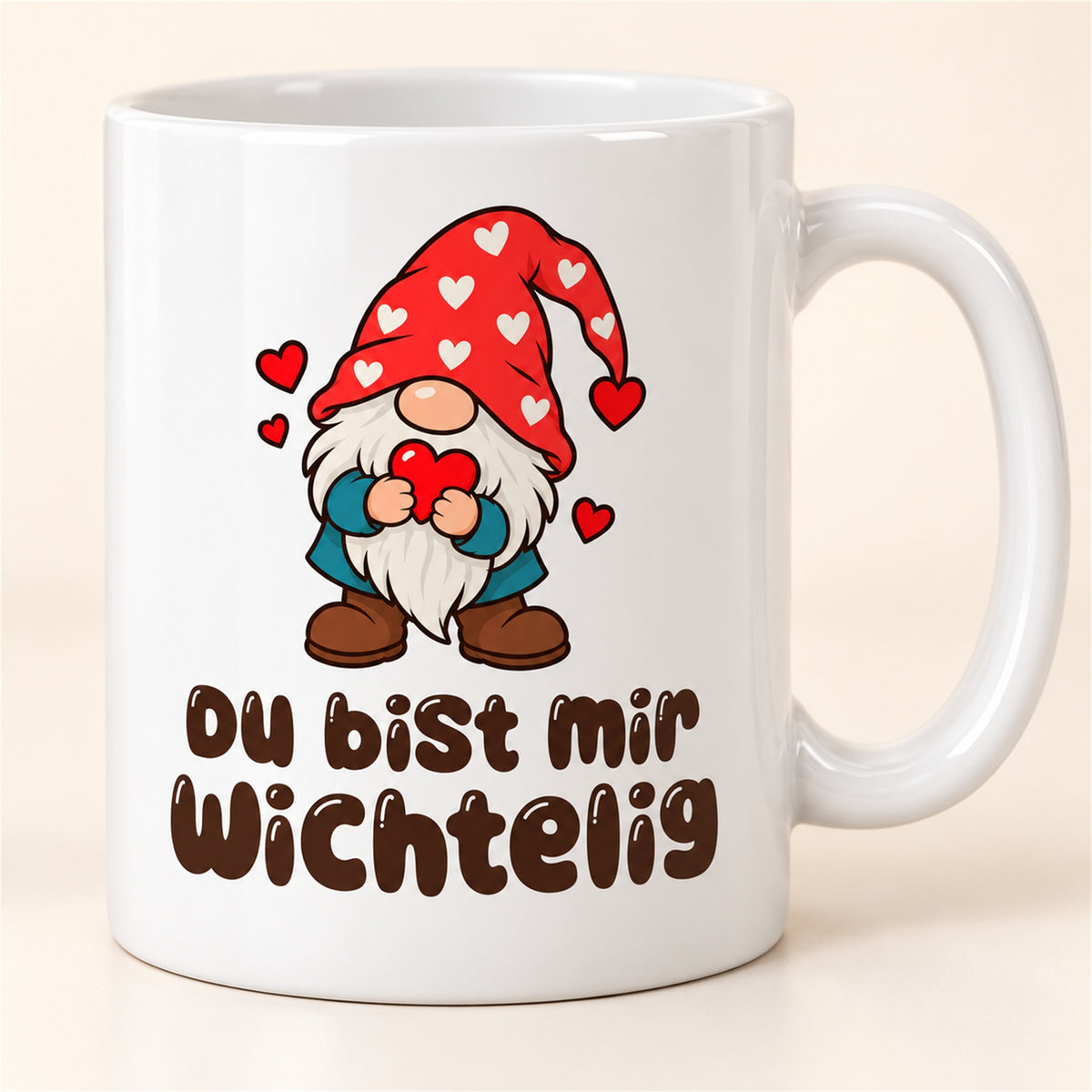 Weiße Wichteltasse mit dem Spruch „Du bist mir wichtelig“ – Ansicht 5