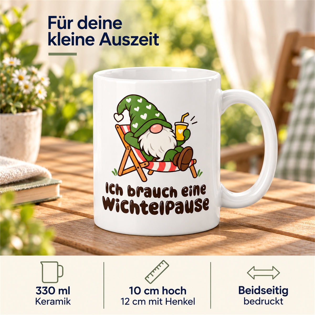Weiße Wichteltasse mit dem Spruch „Ich brauch eine Wichtelpause“ – Ansicht 4