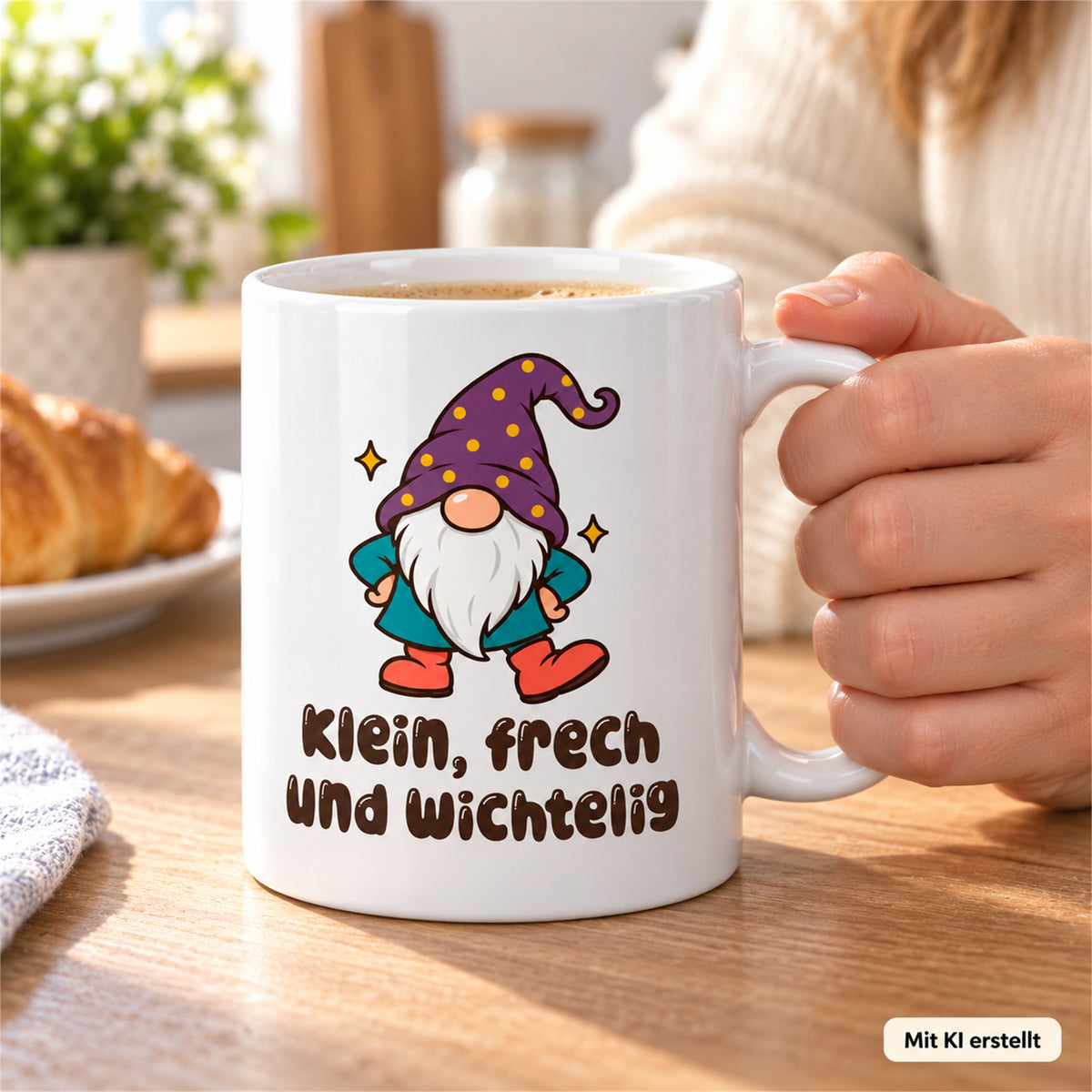 Weiße Wichteltasse mit dem Spruch „Klein, frech und wichtelig“ – Ansicht 7