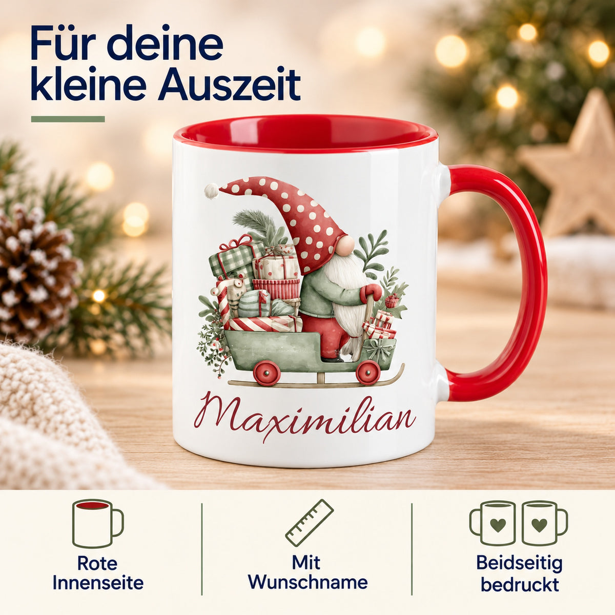 Personalisierte Weihnachtswichtel-Tasse Geschenkschlitten mit roter Innenseite und rotem Henkel – Produktdetails: rote Innenseite, Wunschname, beidseitiger Druck
