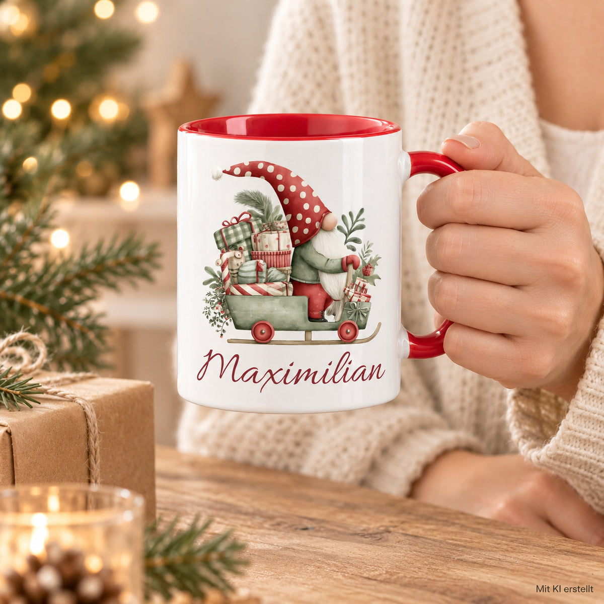 Personalisierte Weihnachtswichtel-Tasse Geschenkschlitten mit roter Innenseite und rotem Henkel – in erwachsenen Händen, mit KI erstellt