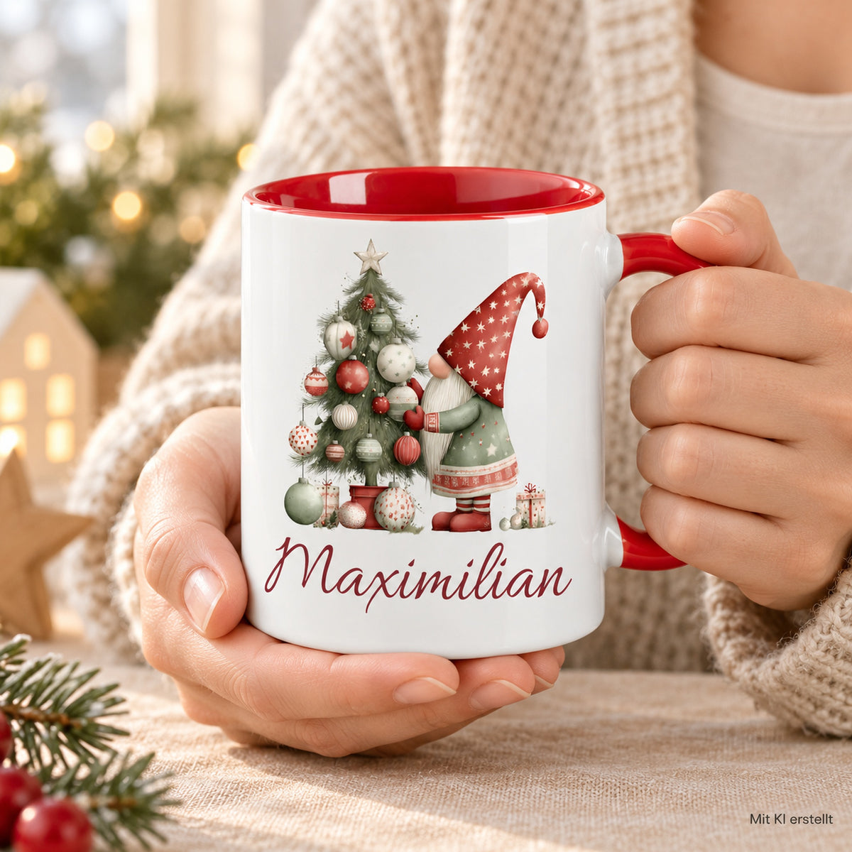 Personalisierte Weihnachtswichtel-Tasse Weihnachtsbaum mit roter Innenseite und rotem Henkel – in erwachsenen Händen, mit KI erstellt
