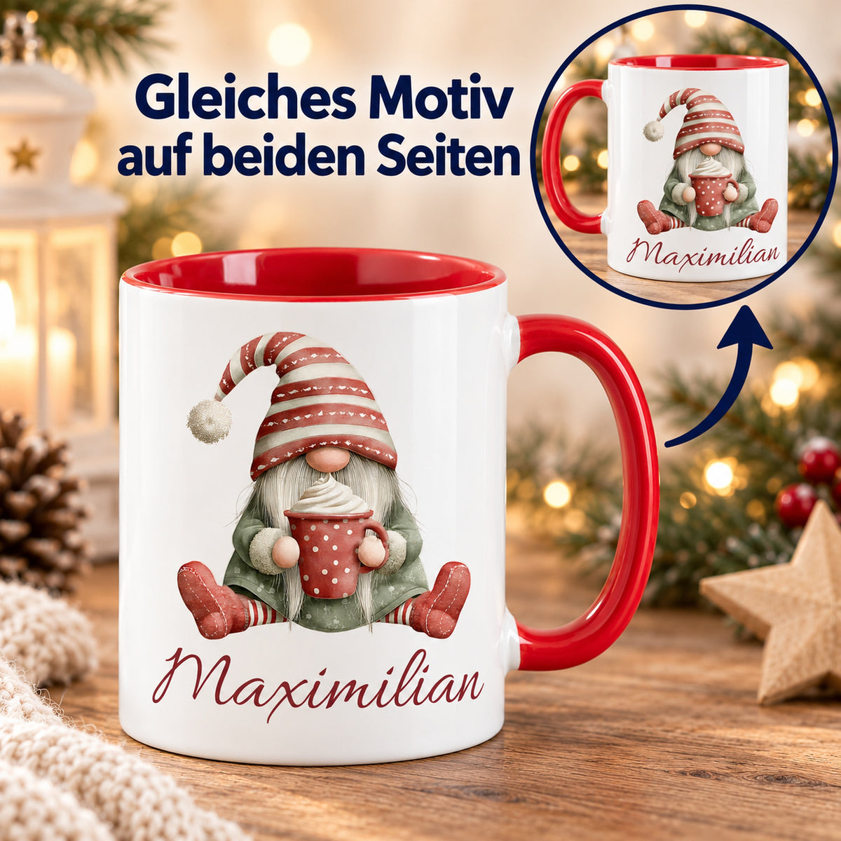 Personalisierte Weihnachtswichtel-Tasse Kakaozeit mit roter Innenseite und rotem Henkel – beidseitiger Druck mit Detailansicht