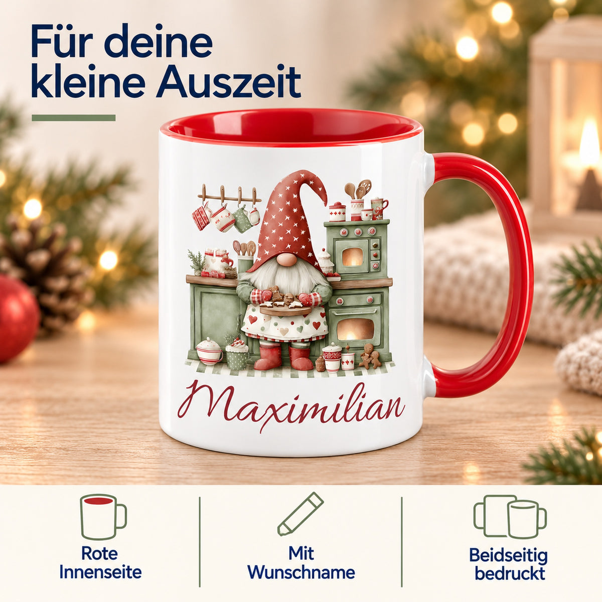 Personalisierte Weihnachtswichtel-Tasse Weihnachtsbäckerei mit roter Innenseite und rotem Henkel – Produktdetails: rote Innenseite, Wunschname, beidseitiger Druck