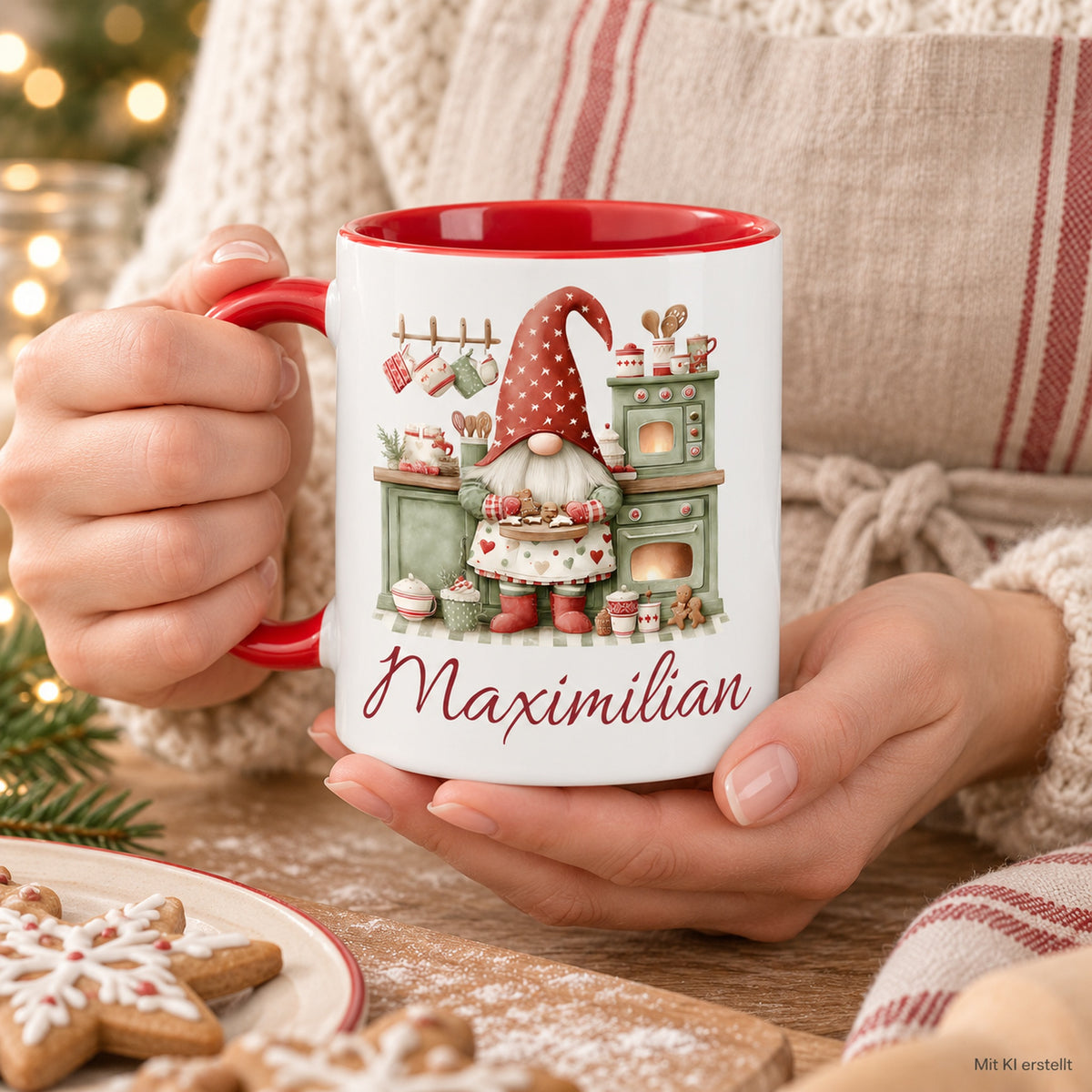 Personalisierte Weihnachtswichtel-Tasse Weihnachtsbäckerei mit roter Innenseite und rotem Henkel – in erwachsenen Händen, mit KI erstellt