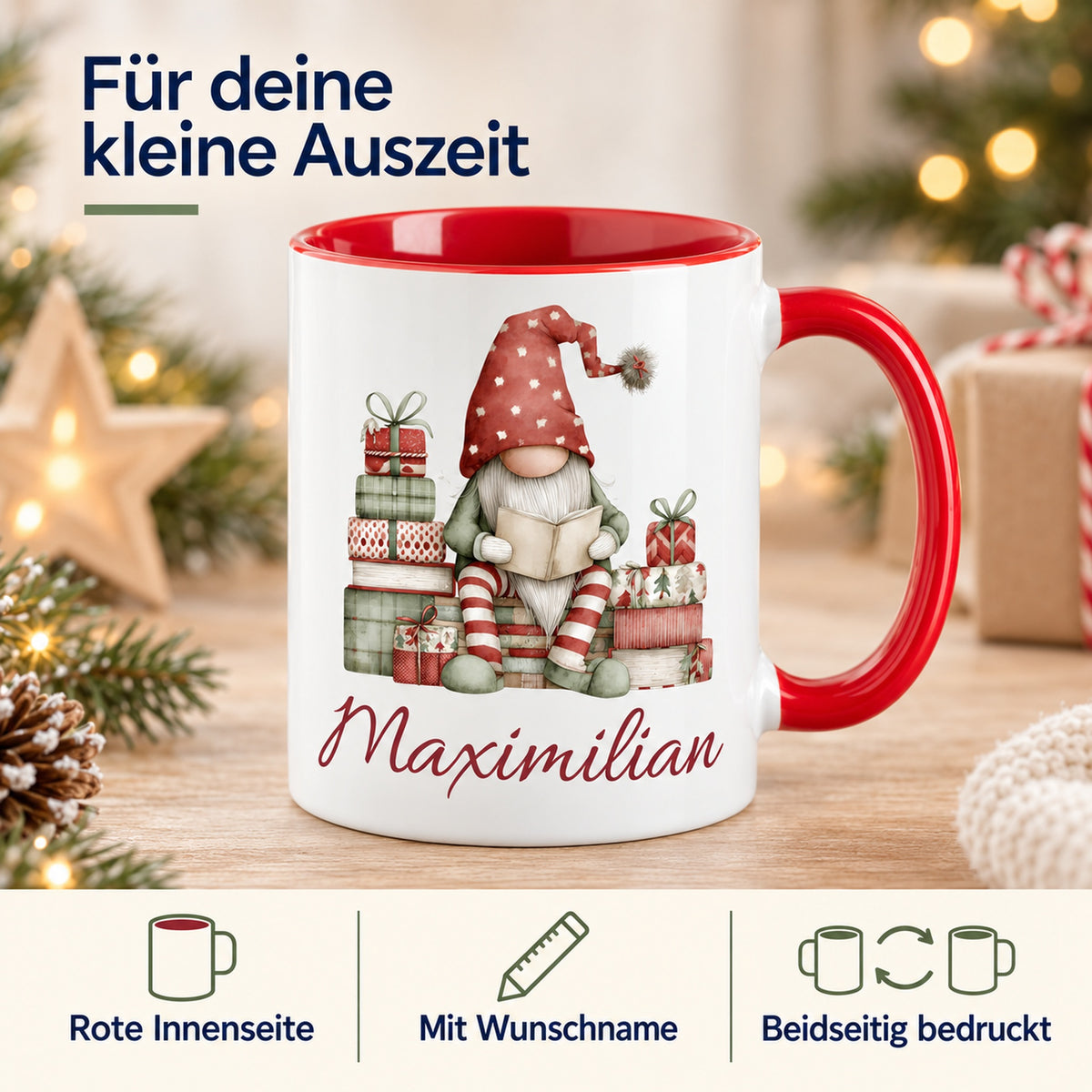 Personalisierte Weihnachtswichtel-Tasse Gemütliche Lesestunde mit roter Innenseite und rotem Henkel – Produktdetails: rote Innenseite, Wunschname, beidseitiger Druck