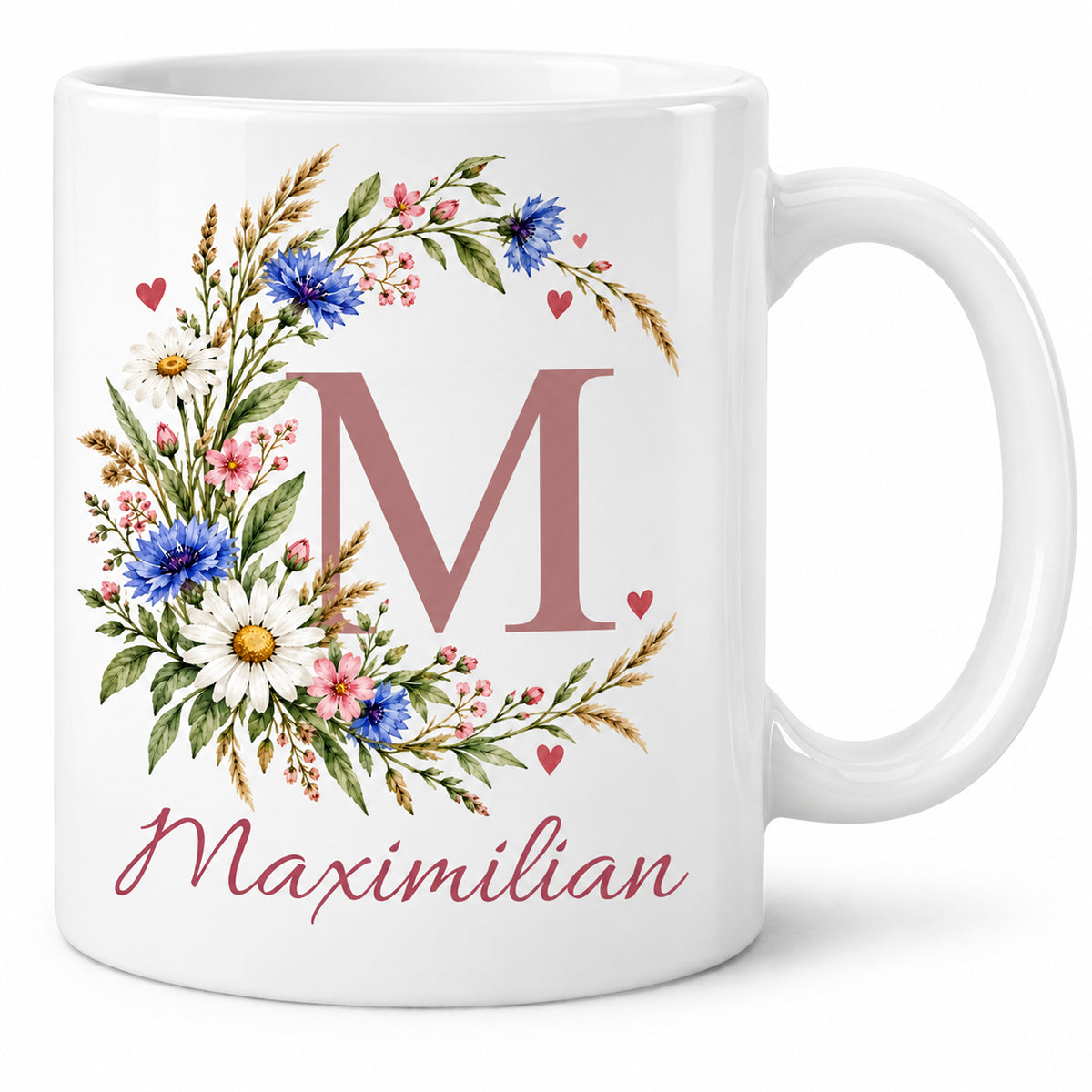 Weiße personalisierte Keramiktasse Wiesenbogen mit floralem Monogramm – Hauptansicht